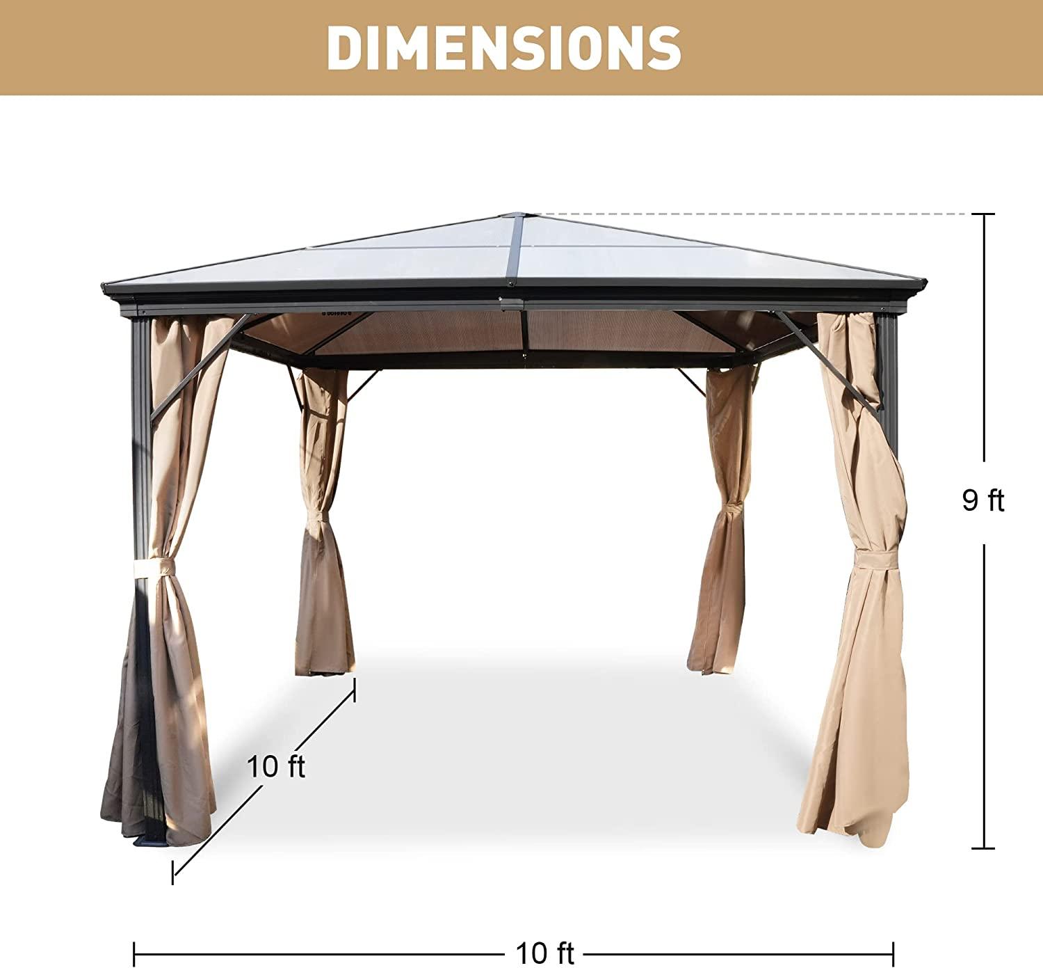 10x10 FT Hardtop Outdoor Gazebo, Aluminum Frame Polycarbonate Hardtop Garden Tent with Curtains & Mosquito Netting - Bosonshop