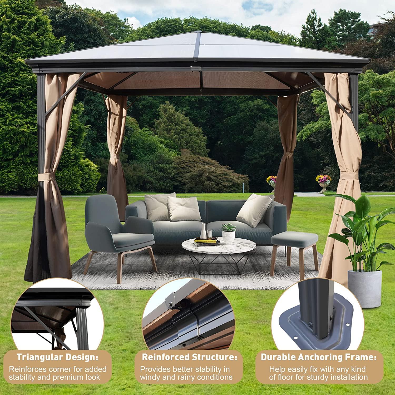 10x10 FT Hardtop Outdoor Gazebo, Aluminum Frame Polycarbonate Hardtop Garden Tent with Curtains & Mosquito Netting - Bosonshop