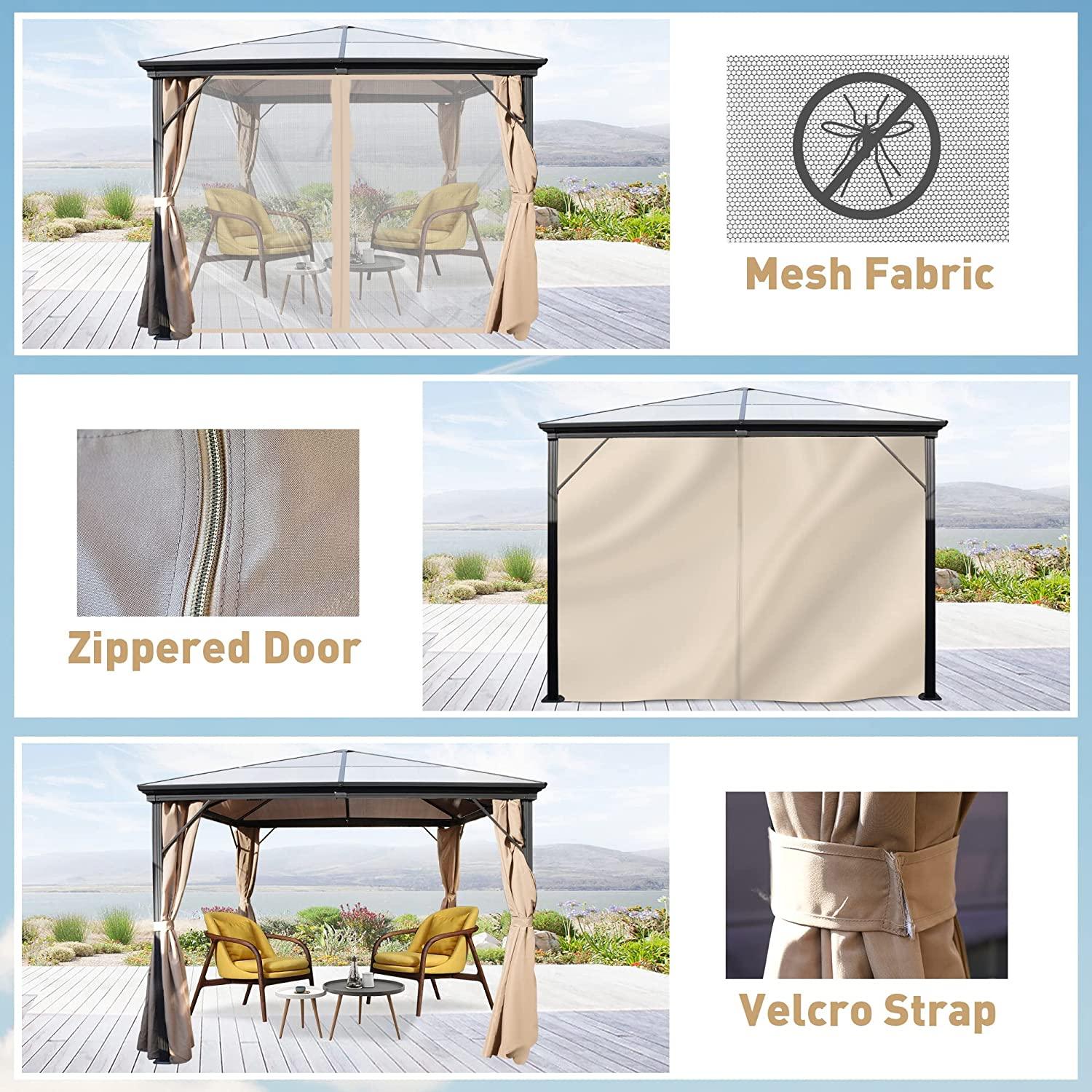 10x10 FT Hardtop Outdoor Gazebo, Aluminum Frame Polycarbonate Hardtop Garden Tent with Curtains & Mosquito Netting - Bosonshop