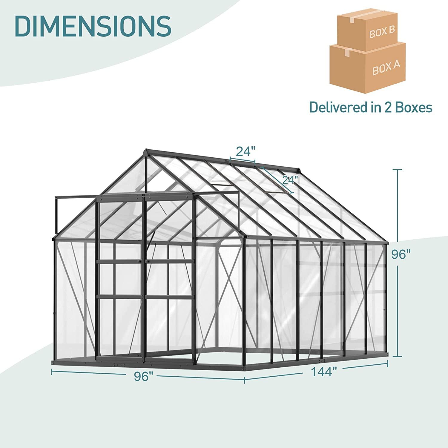 8'x12' Polycarbonate Greenhouse 2 Sliding Doors 2 Vents Window Walk-in Greenhouse for Outdoor - Bosonshop