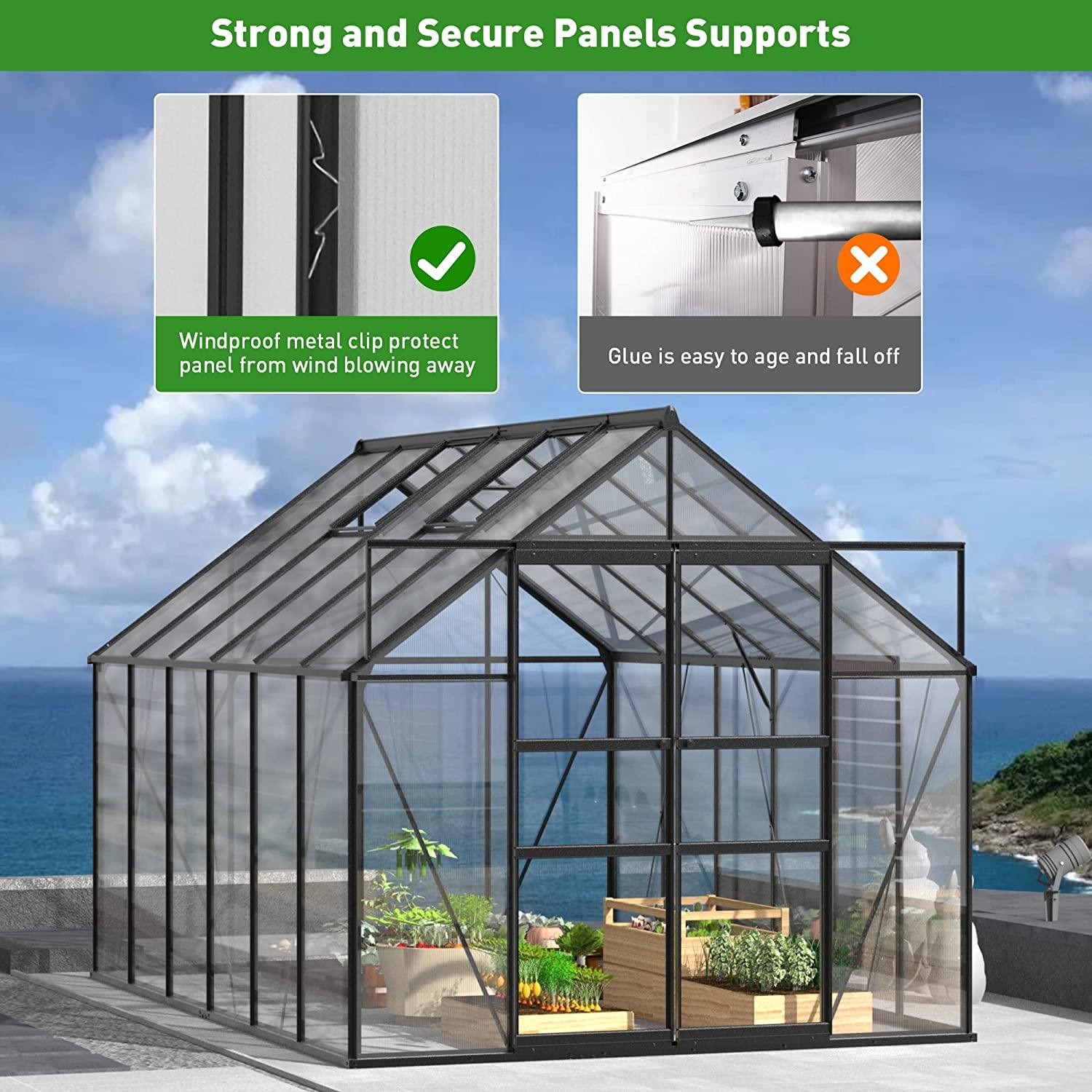 8'x12' Polycarbonate Greenhouse 2 Sliding Doors 2 Vents Window Walk-in Greenhouse for Outdoor - Bosonshop