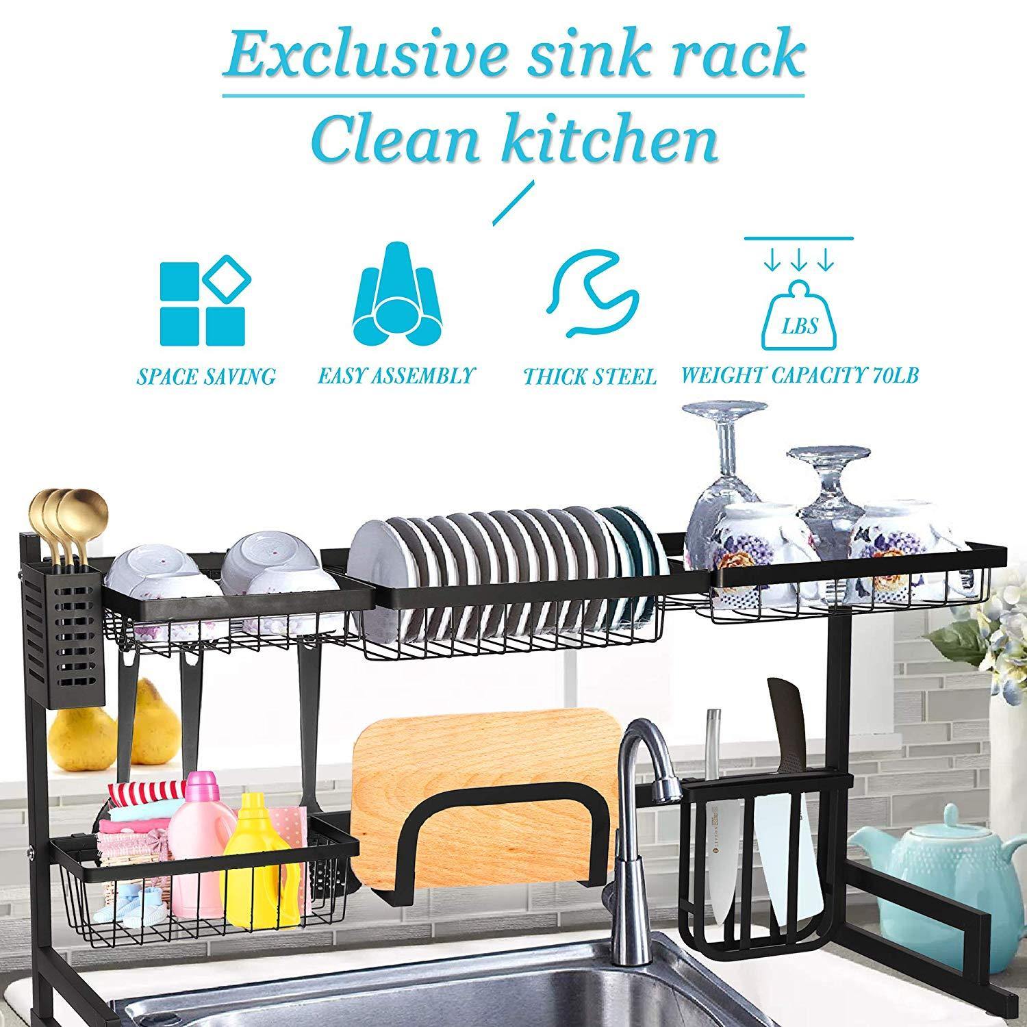 Over The Sink Dish Drying Rack Stainless Steel Kitchen Supplies Storage Shelf Drainer Organizer, 35" x 12.2" x 20.4" - Bosonshop