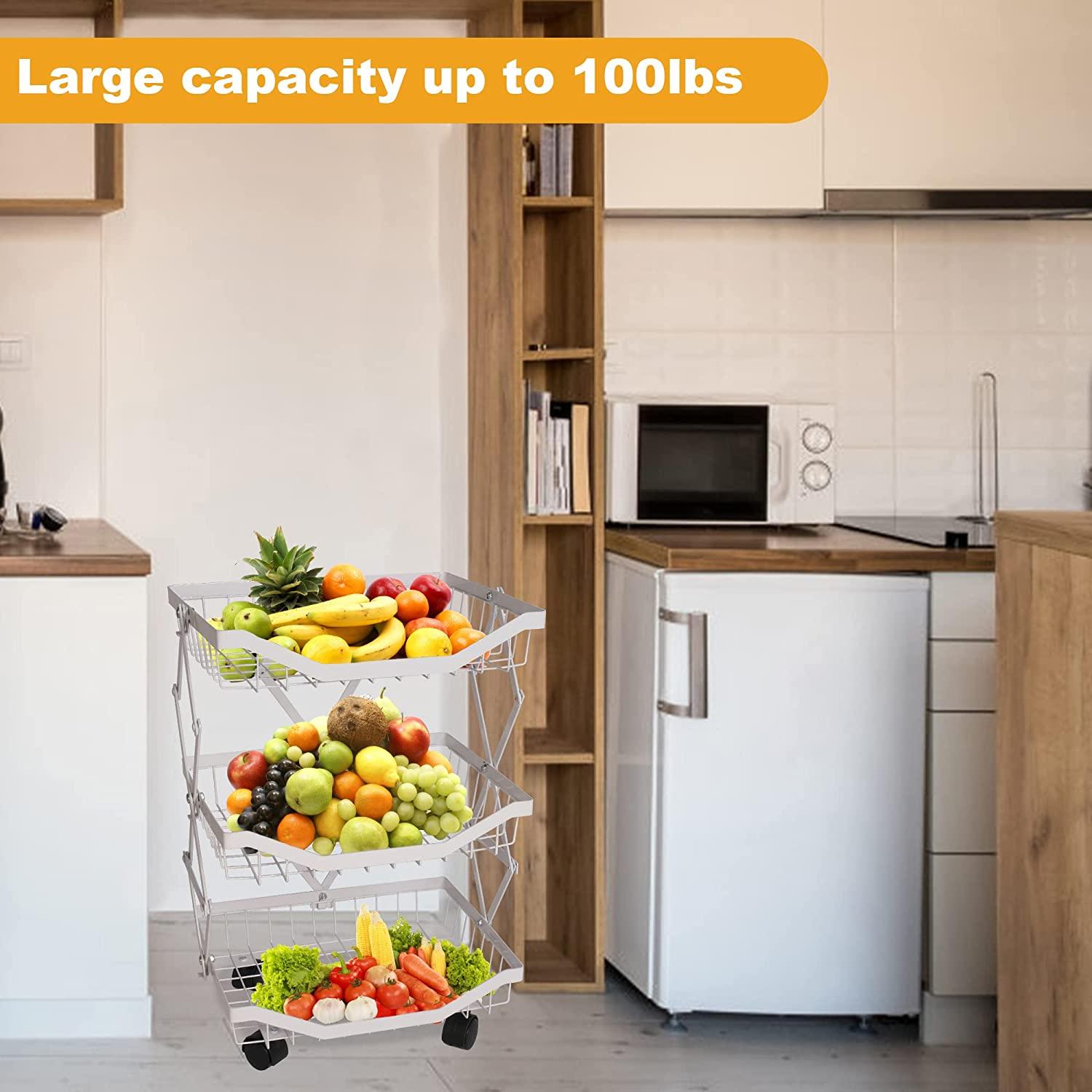 3 Tier Foldable Fruit Basket Kitchen Storage Rolling Cart, Living Room Baskets - Bosonshop