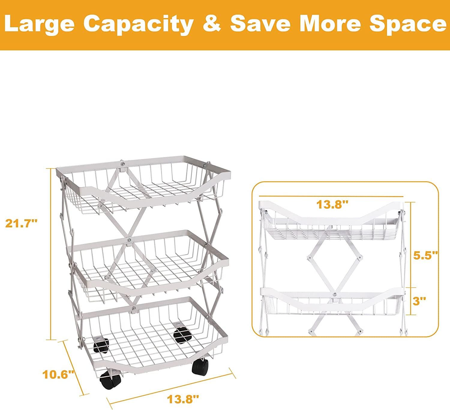 3 Tier Foldable Fruit Basket Kitchen Storage Rolling Cart, Living Room Baskets - Bosonshop