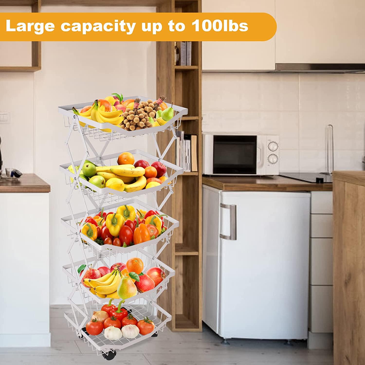 5 Tier Foldable Fruit Basket Kitchen Storage Rolling Cart, Living Room Baskets - Bosonshop