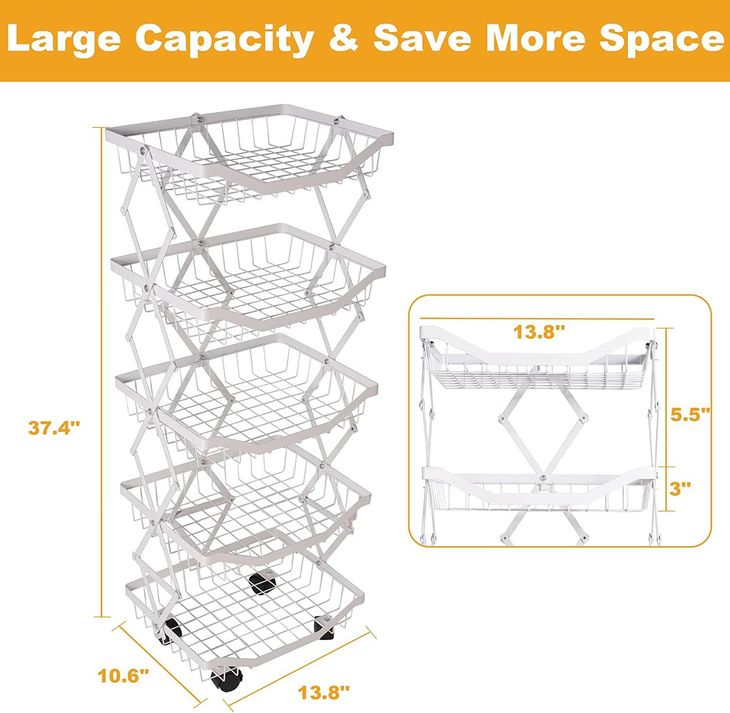 5 Tier Foldable Fruit Basket Kitchen Storage Rolling Cart, Living Room Baskets - Bosonshop