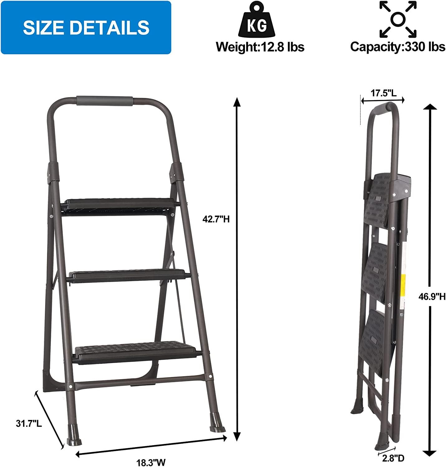 Step Ladder Folding Step Stool 3 Step Ladder with Wide Anti-Slip Pedal - Bosonshop