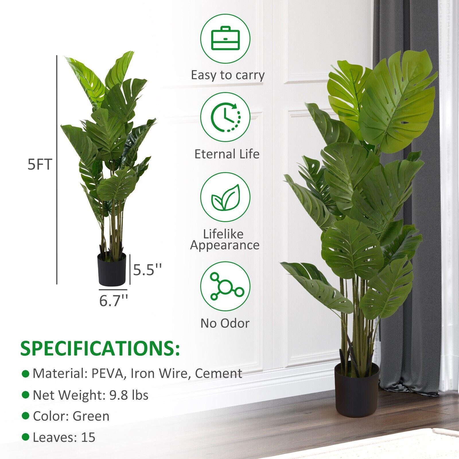 5' Artificial Monstera Plant in Pot Tree with 15 Decorative Leaves Faux Plant with Pot - Bosonshop