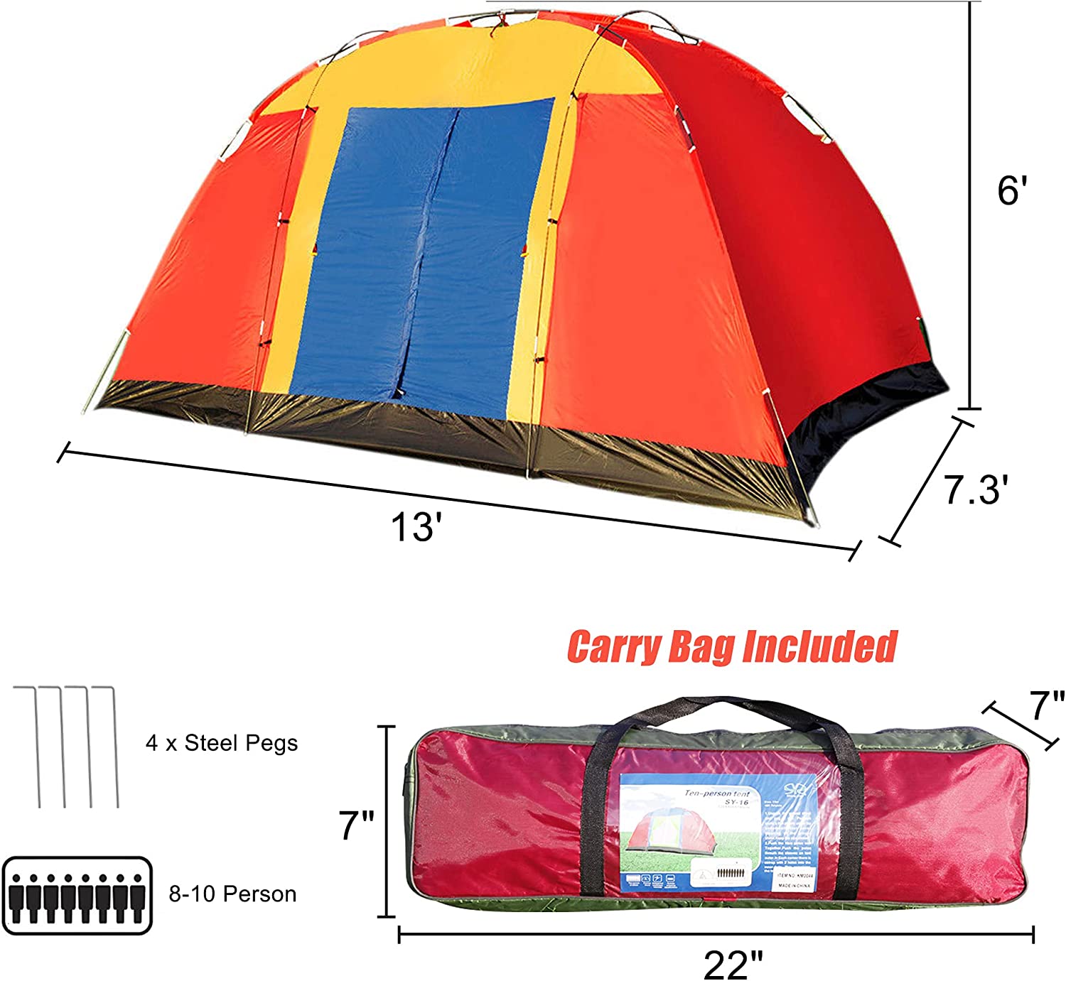 Outdoor Waterproof 8-Person Foldable Camping Tent w/ Carry Bag, Red - Bosonshop