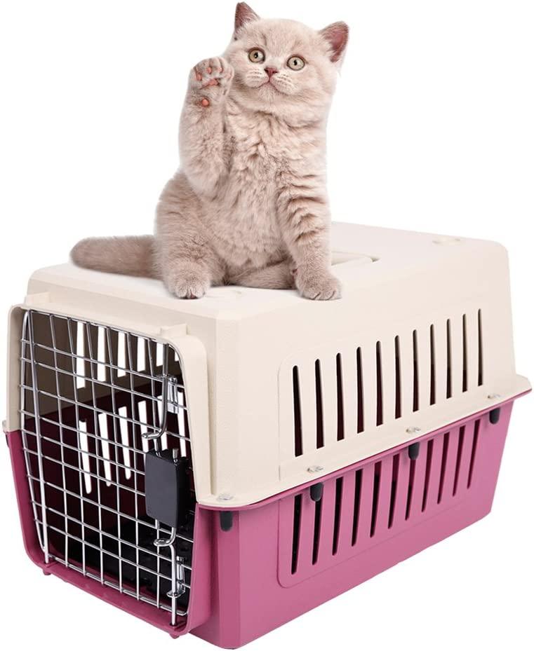 Plastic Cat & Dog Carrier Cage with Chrome Door Portable Pet Box Airline Approved, Medium, Red - Bosonshop