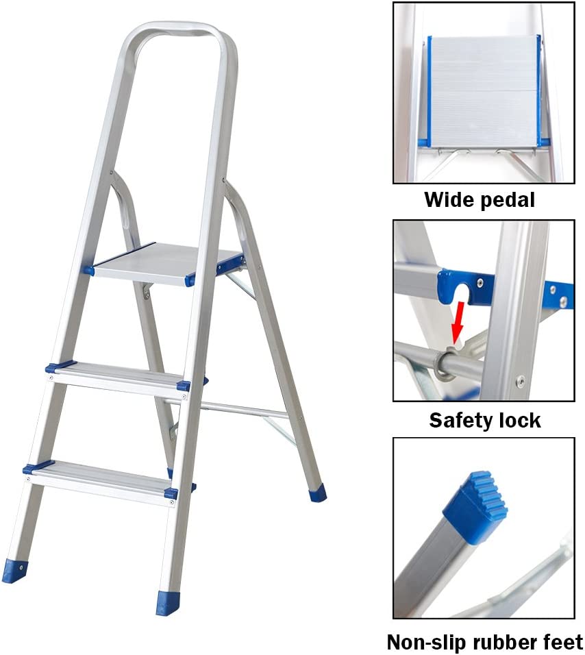 3 Step Non-Slip Aluminum Ladder Folding Platform Stool, 330 lbs Load Capacity - Bosonshop