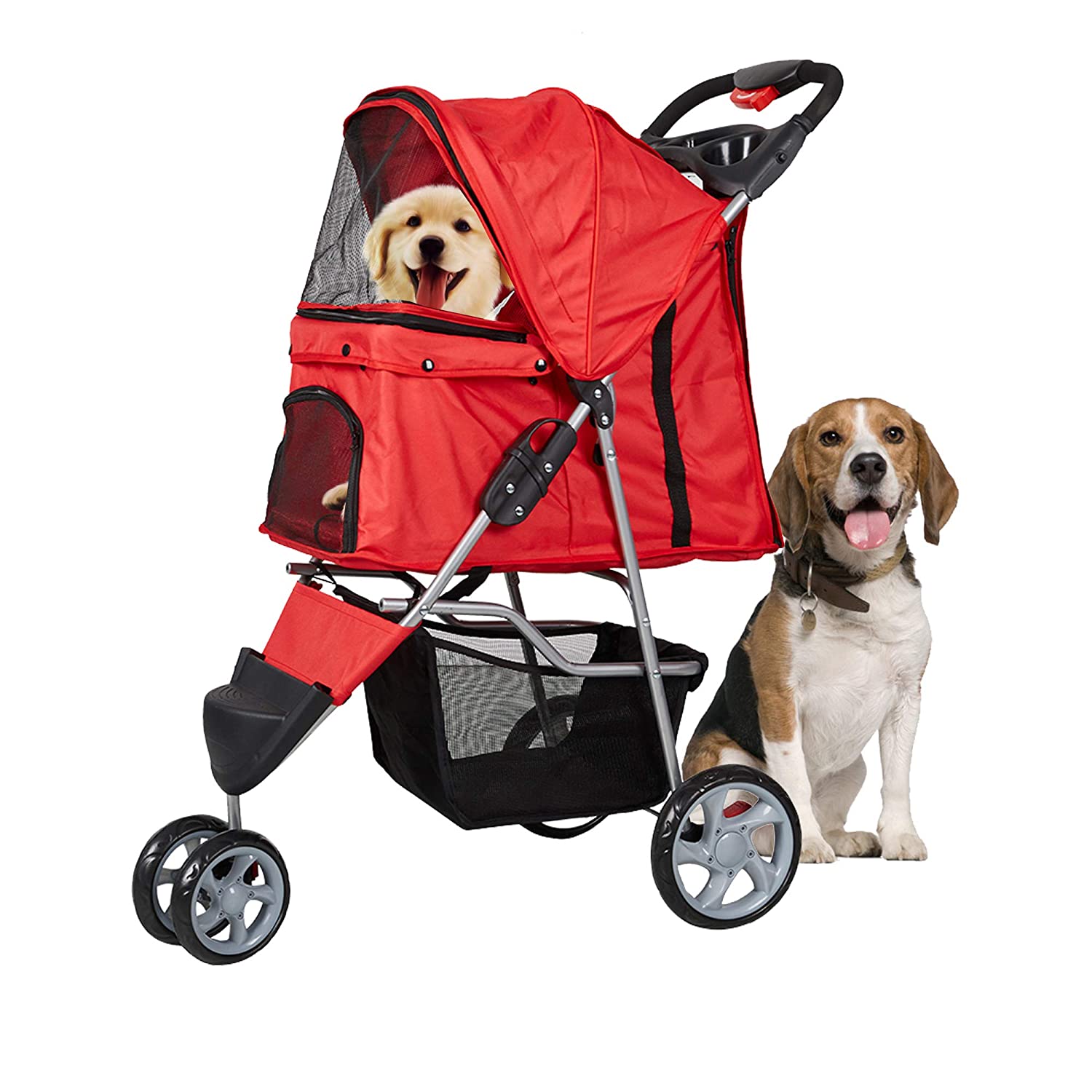 3 Wheels Pet Stroller for Dog Cat Small Animal Folding Walk Jogger Travel Carrier Cart, Red - Bosonshop