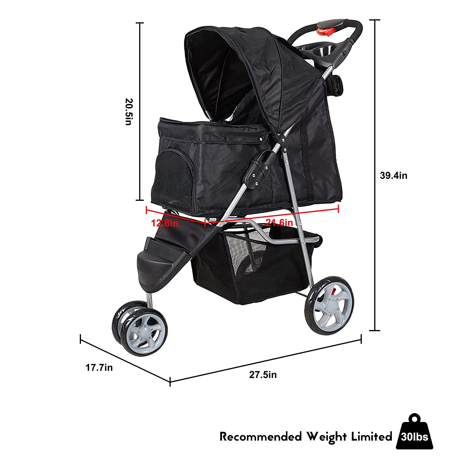 (Out of Stock) Pet Stroller for Dog Cat Small Animal Folding Walk Jogger Travel Carrier Cart with Three Wheels, Black - Bosonshop