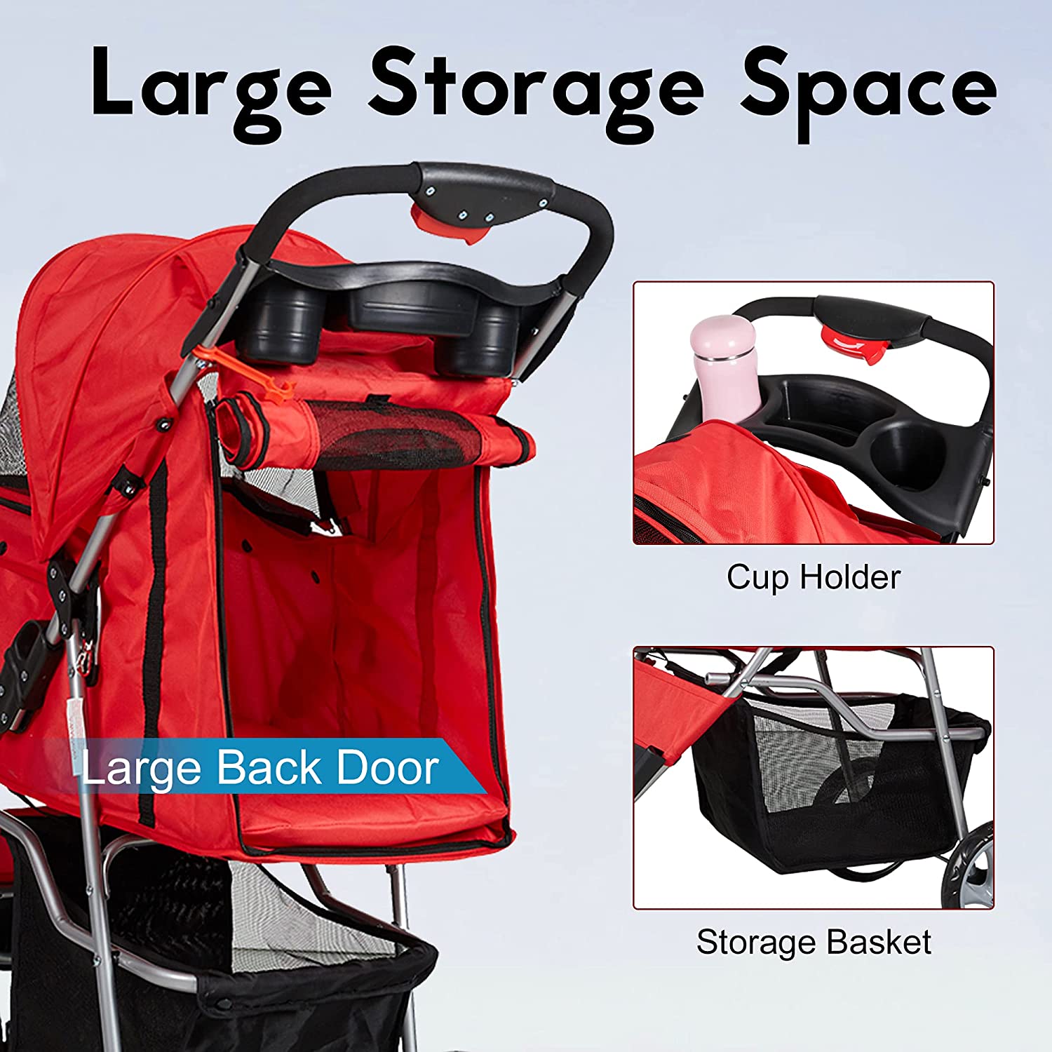 3 Wheels Pet Stroller for Dog Cat Small Animal Folding Walk Jogger Travel Carrier Cart, Red - Bosonshop