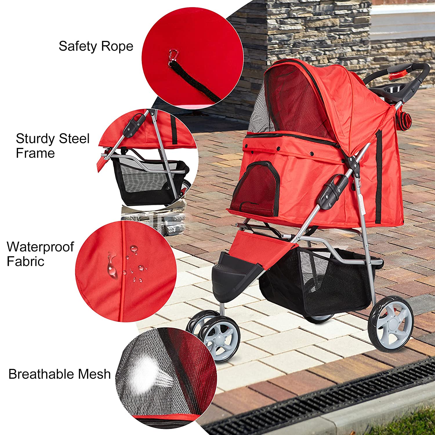 3 Wheels Pet Stroller for Dog Cat Small Animal Folding Walk Jogger Travel Carrier Cart, Red - Bosonshop