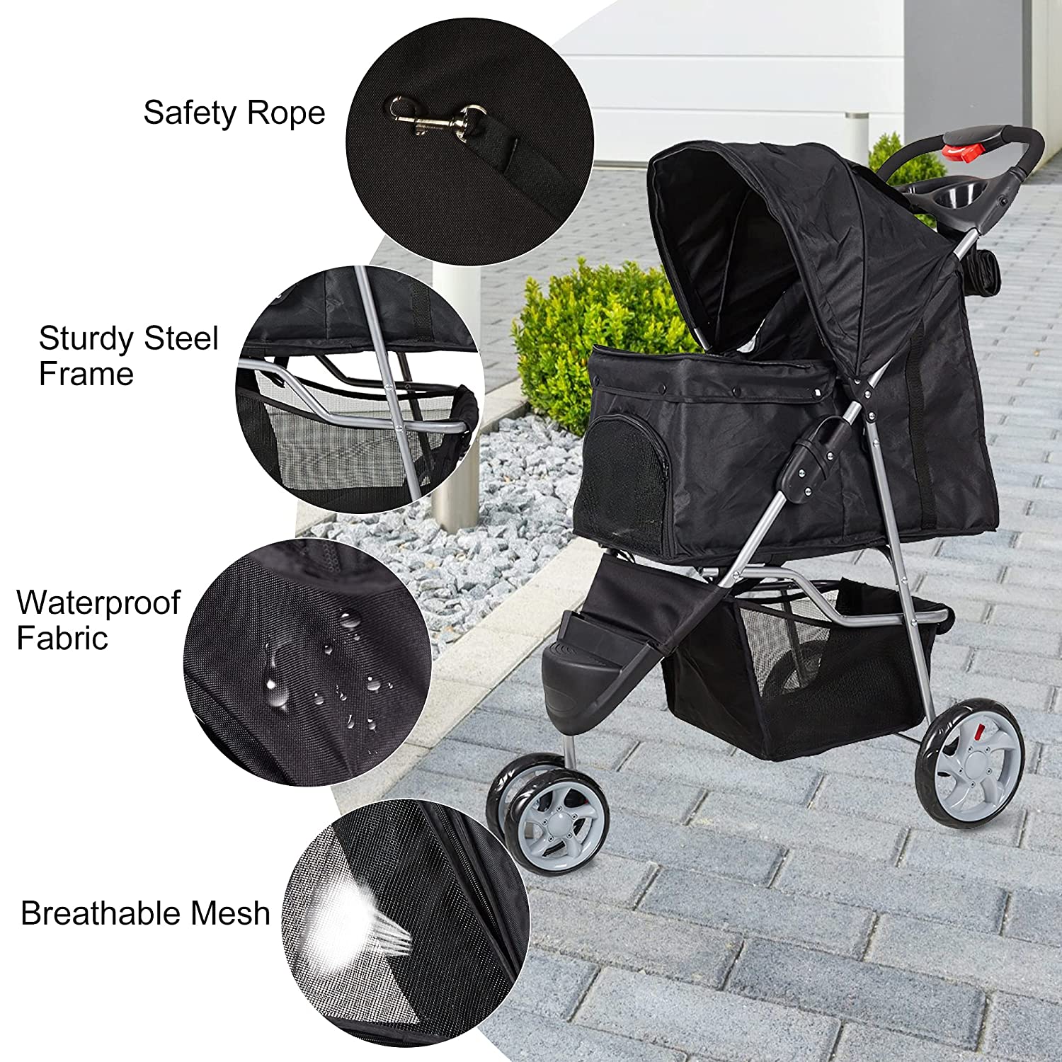 (Out of Stock) Pet Stroller for Dog Cat Small Animal Folding Walk Jogger Travel Carrier Cart with Three Wheels, Black - Bosonshop