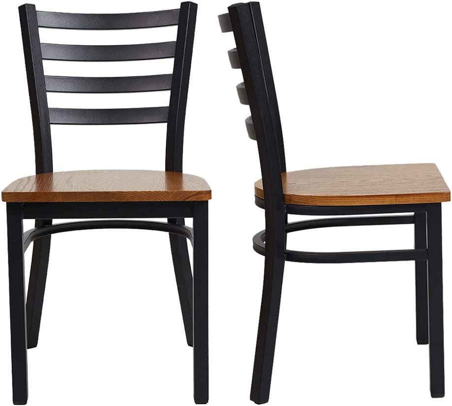 2 Pack Dining Room Kitchen Chair Ladder Back Metal Leg Stackable Fully Assembled Side Chairs with Wood Seat, Black - Bosonshop