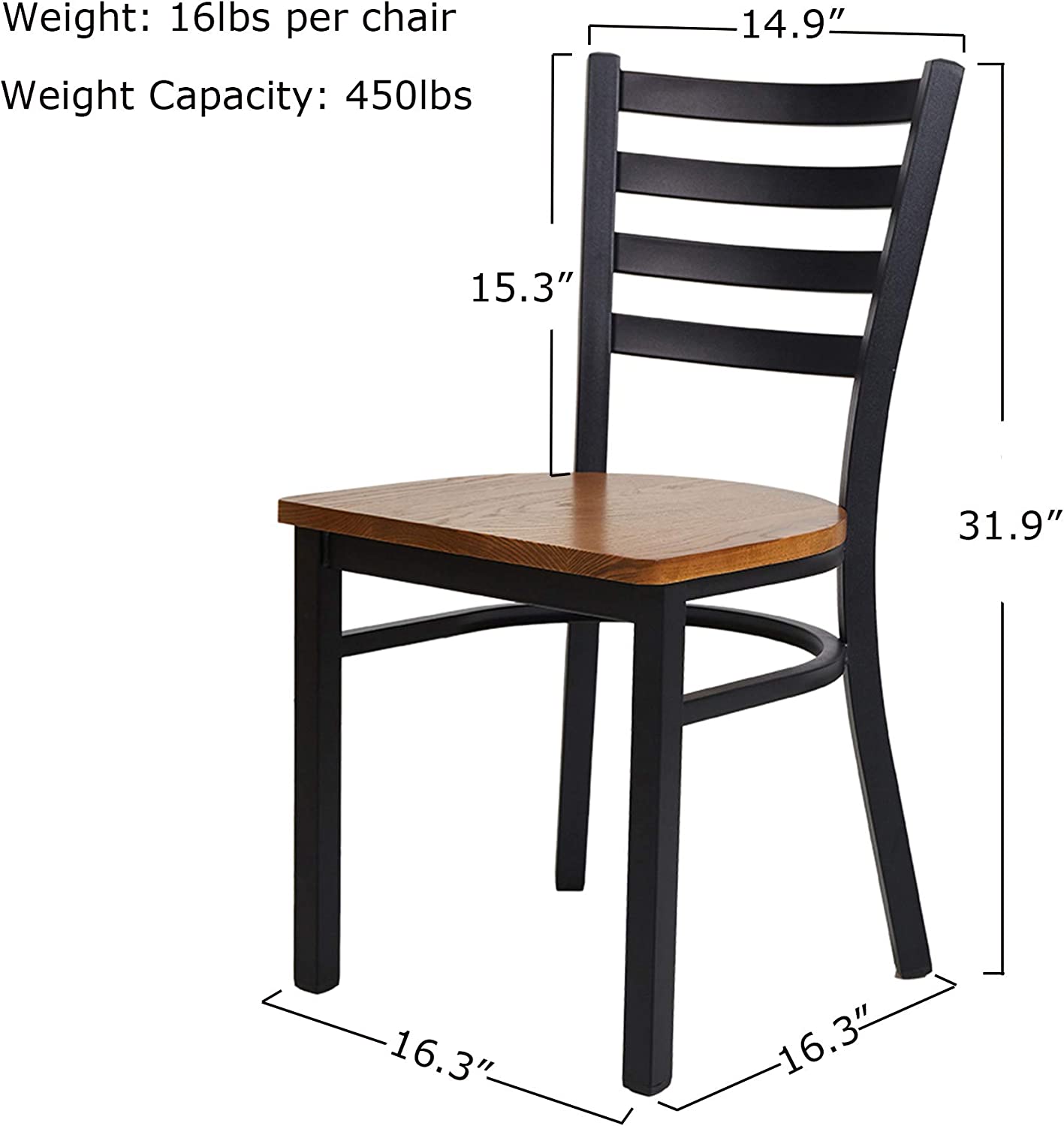 2 Pack Dining Room Kitchen Chair Ladder Back Metal Leg Stackable Fully Assembled Side Chairs with Wood Seat, Black - Bosonshop