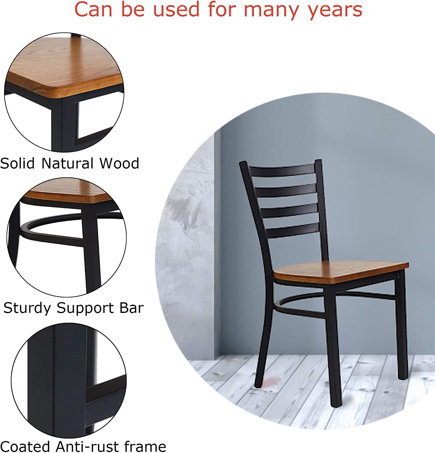 2 Pack Dining Room Kitchen Chair Ladder Back Metal Leg Stackable Fully Assembled Side Chairs with Wood Seat, Black - Bosonshop