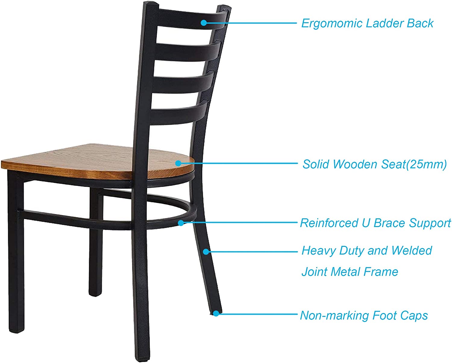 2 Pack Dining Room Kitchen Chair Ladder Back Metal Leg Stackable Fully Assembled Side Chairs with Wood Seat, Black - Bosonshop