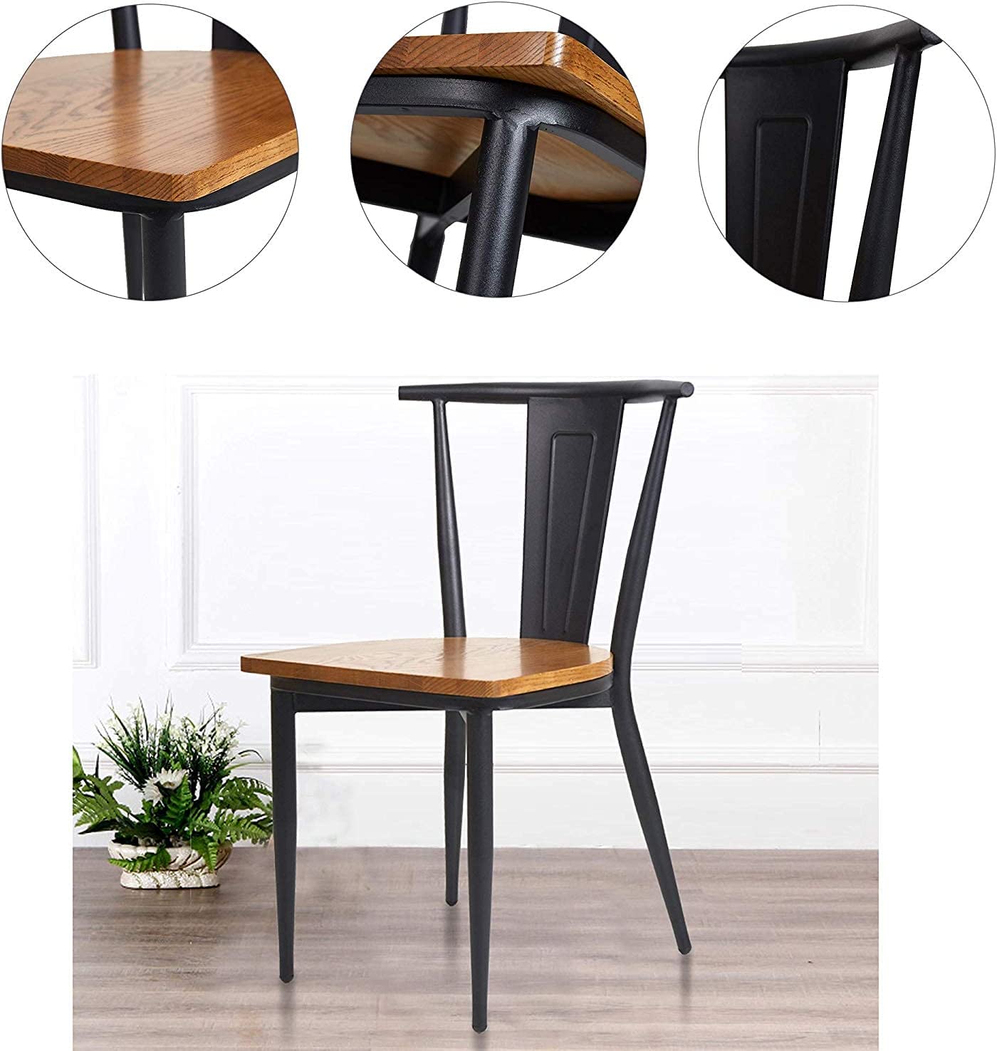 2 Pack Stackable Metal Dining Chairs with Solid Wooden Seat Weight Capacity 500lbs,Black - Bosonshop