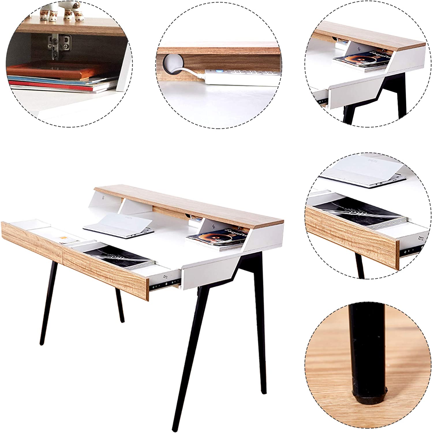 (Out of Stock) 47" Computer Desk with Monitor Shelf Home Office Desk with Drawers & Storage White Wood Small Writing Table Study - Bosonshop