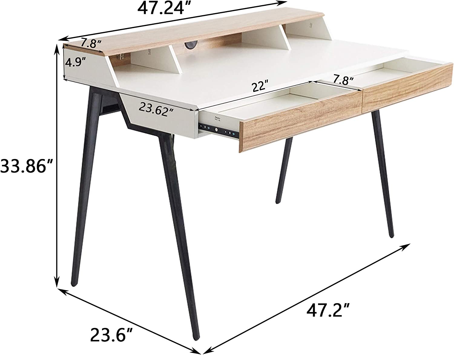 (Out of Stock) 47" Computer Desk with Monitor Shelf Home Office Desk with Drawers & Storage White Wood Small Writing Table Study - Bosonshop