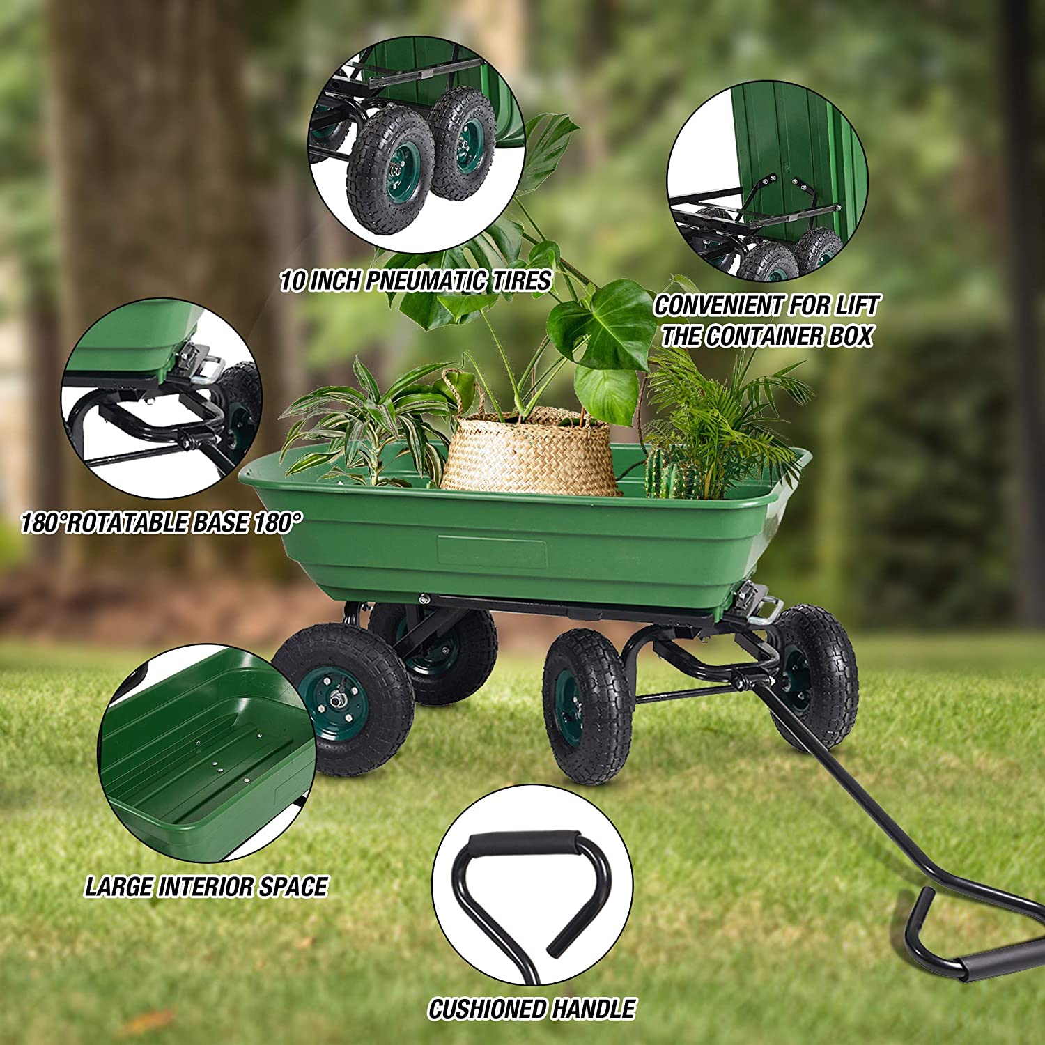 (Out of Stock) Folding Utility Wagon Poly Garden Dump Cart with Steel Frame and 10-Inch Pneumatic Tires, 550lbs Capacity, Green - Bosonshop