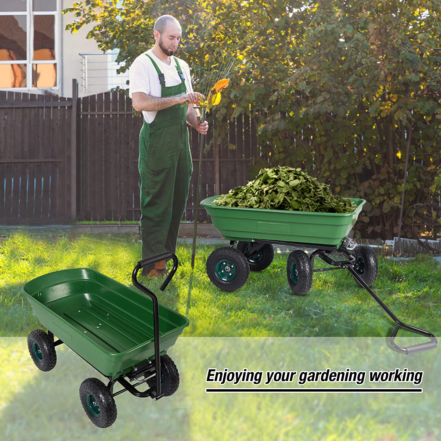 (Out of Stock) Folding Utility Wagon Poly Garden Dump Cart with Steel Frame and 10-Inch Pneumatic Tires, 550lbs Capacity, Green - Bosonshop