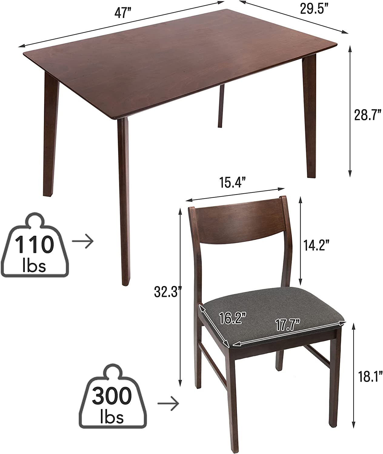 5 Piece Wooden Dining Room Table Set Mid Century Modern Wood Dinette Set Kitchen Table and 4 Chairs with Cushion, Walnut - Bosonshop