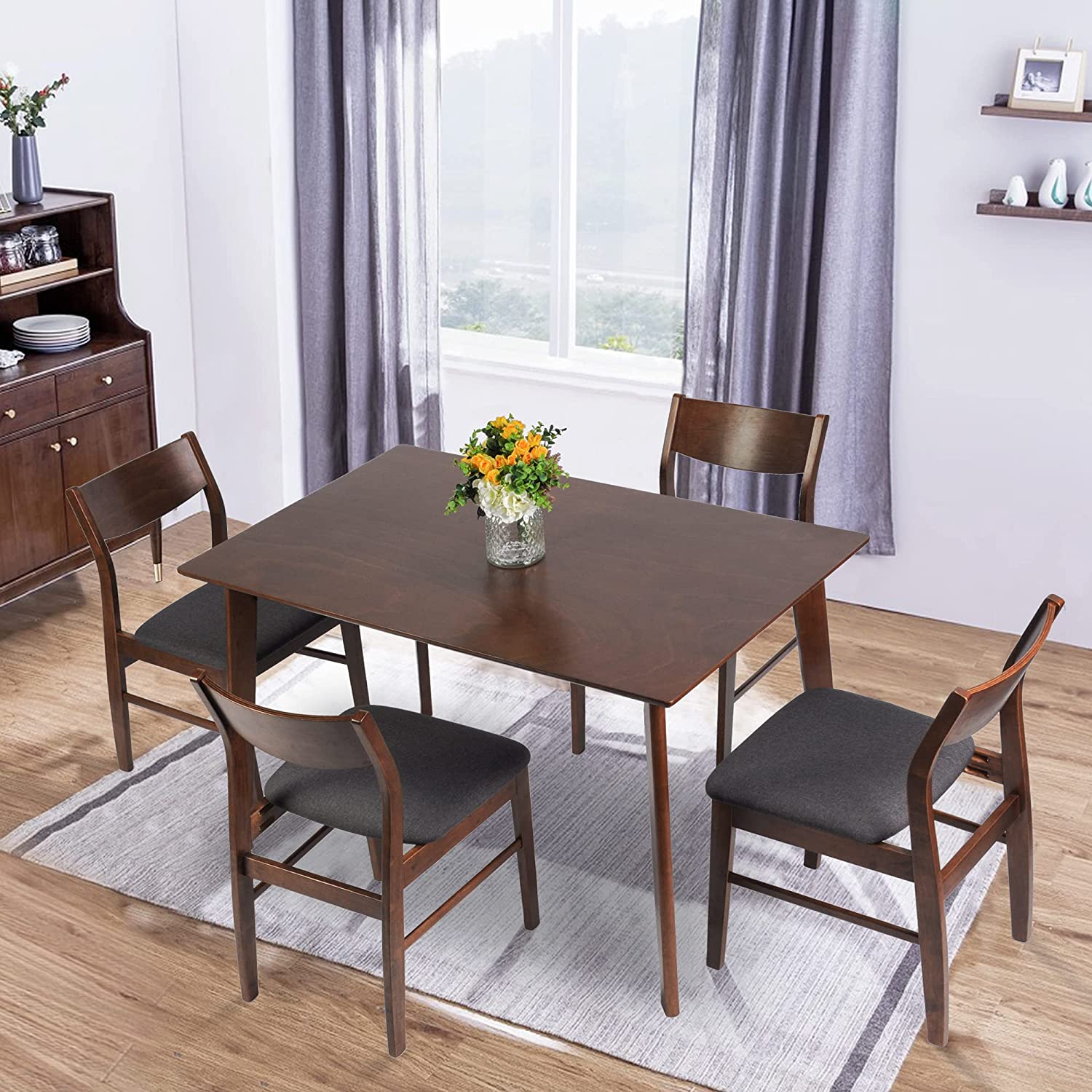 5 Piece Wooden Dining Room Table Set Mid Century Modern Wood Dinette Set Kitchen Table and 4 Chairs with Cushion, Walnut - Bosonshop