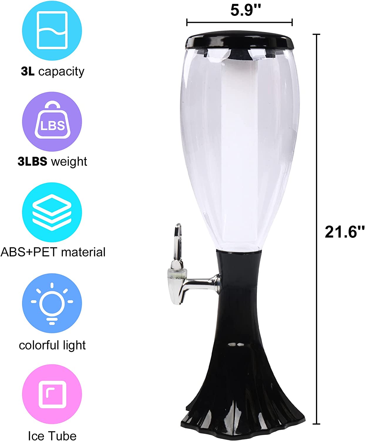 3L Draft Beer Tap Drink Beverage Dispenser Plastic w/ LED Lights & Ice Tube Keep Cold for Birthday Party Bar - Bosonshop