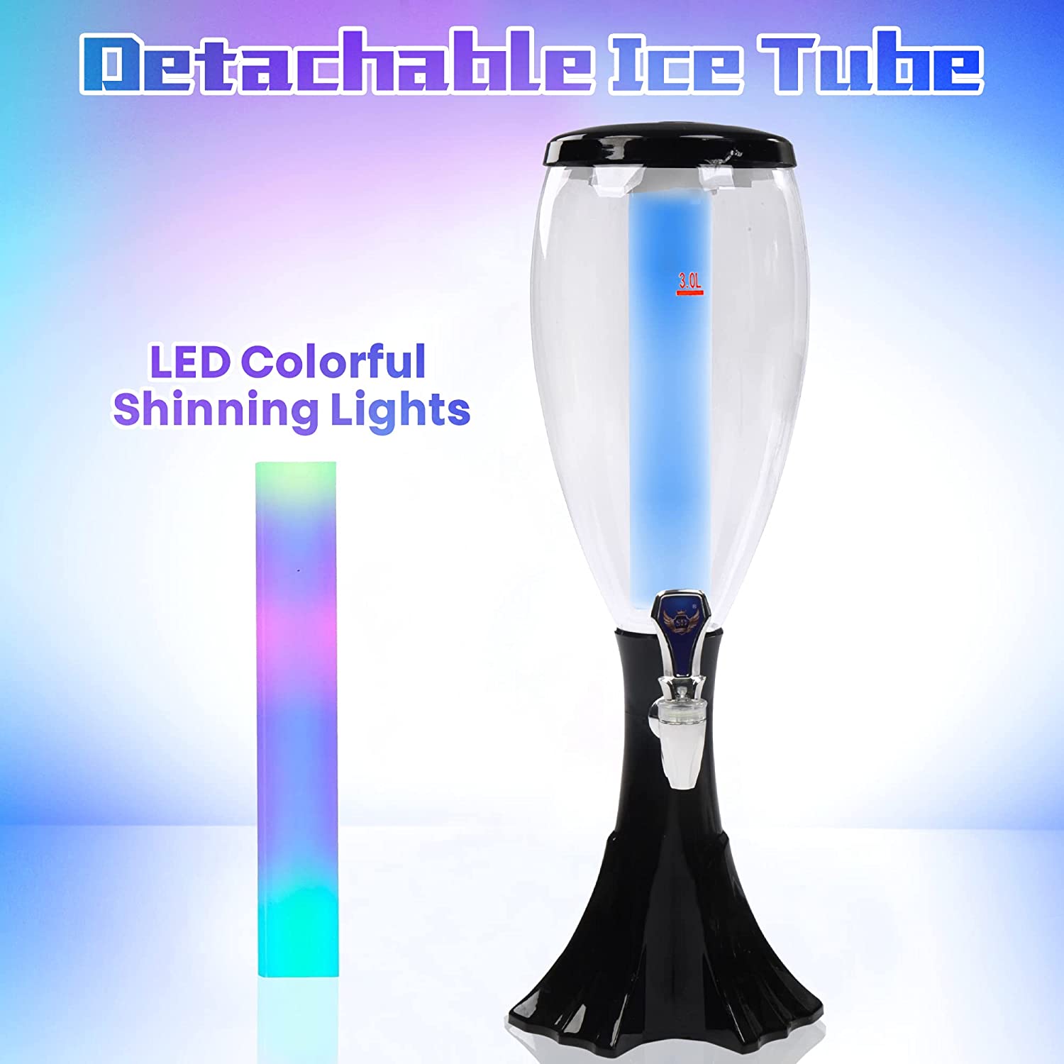 3L Draft Beer Tap Drink Beverage Dispenser Plastic w/ LED Lights & Ice Tube Keep Cold for Birthday Party Bar - Bosonshop