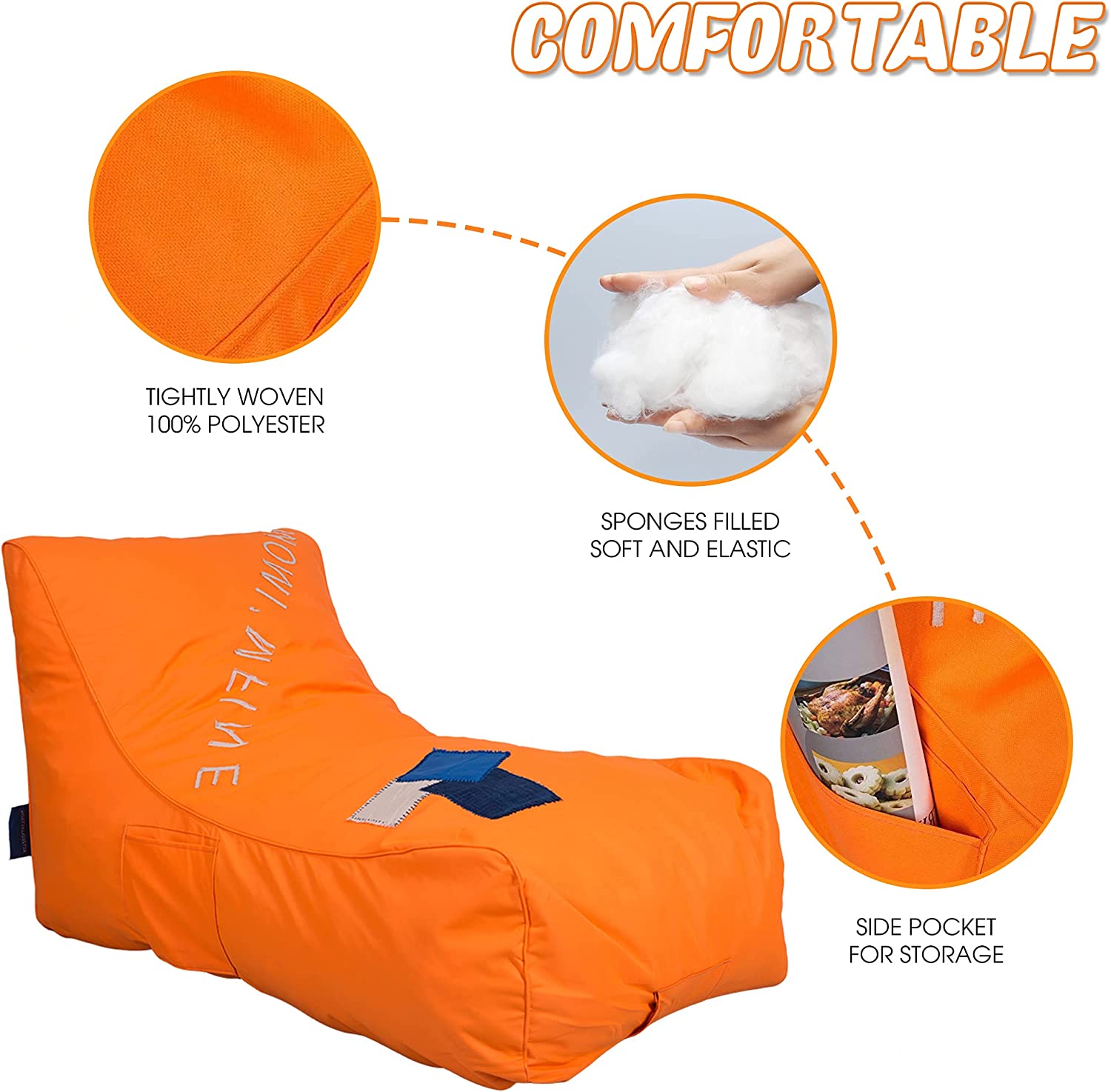 Nylon Foam Lazy Lounger Self Expanding Sponge Floor Chair Sleeper Sofa w/ Dirt-Proof Oxford Fabric & Side Pocket, Orange - Bosonshop