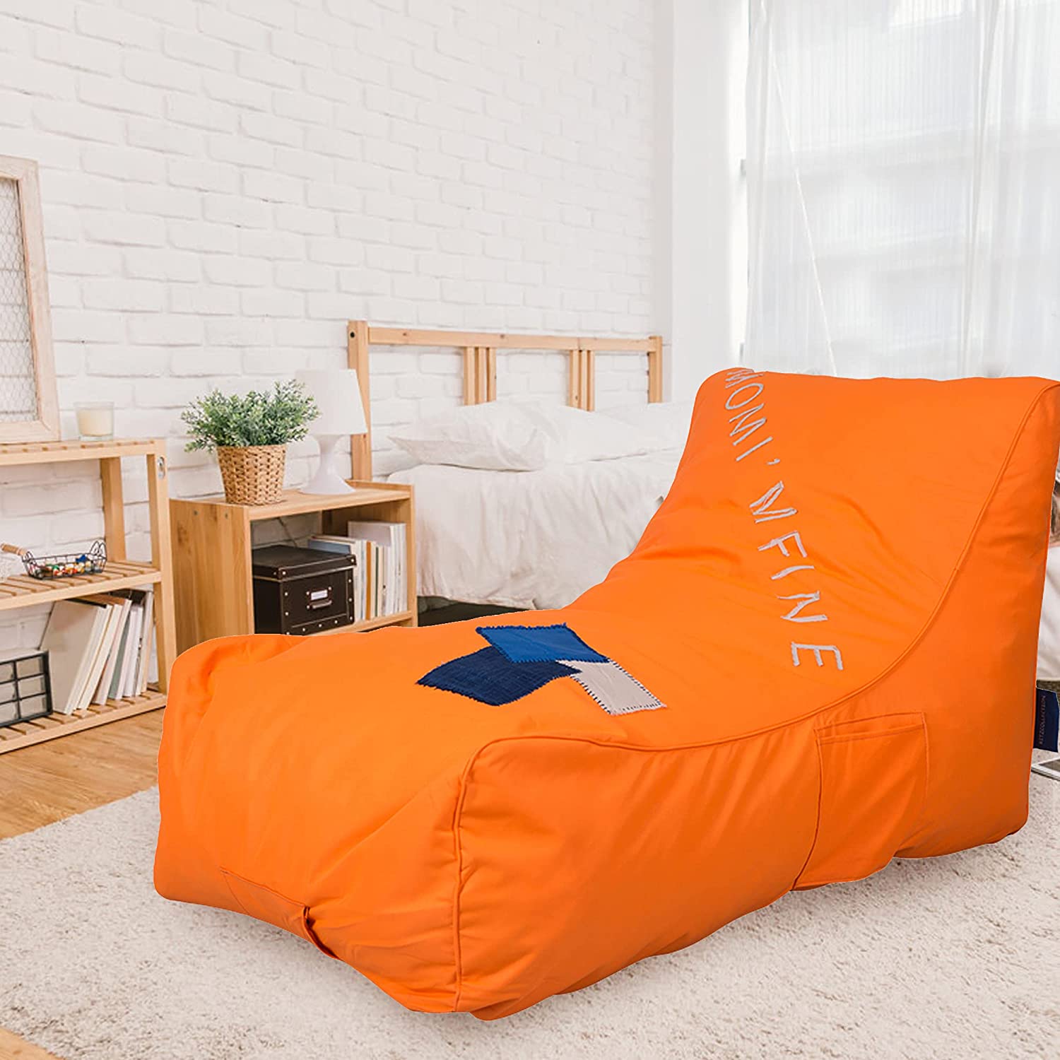 Nylon Foam Lazy Lounger Self Expanding Sponge Floor Chair Sleeper Sofa w/ Dirt-Proof Oxford Fabric & Side Pocket, Orange - Bosonshop