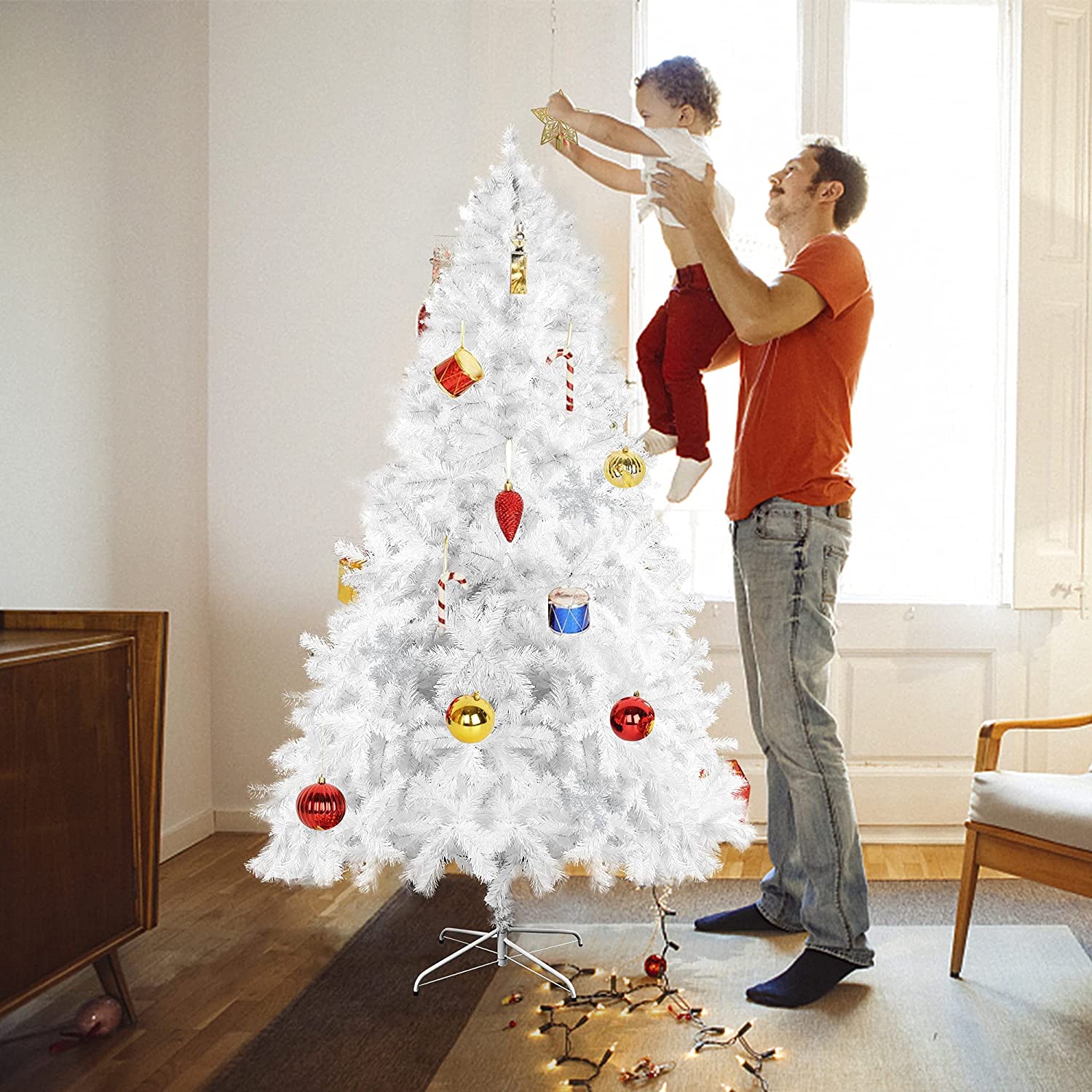 7' High Christmas Tree 1000 Tips Decorate Pine Tree with Metal Legs White & Decorations - Bosonshop