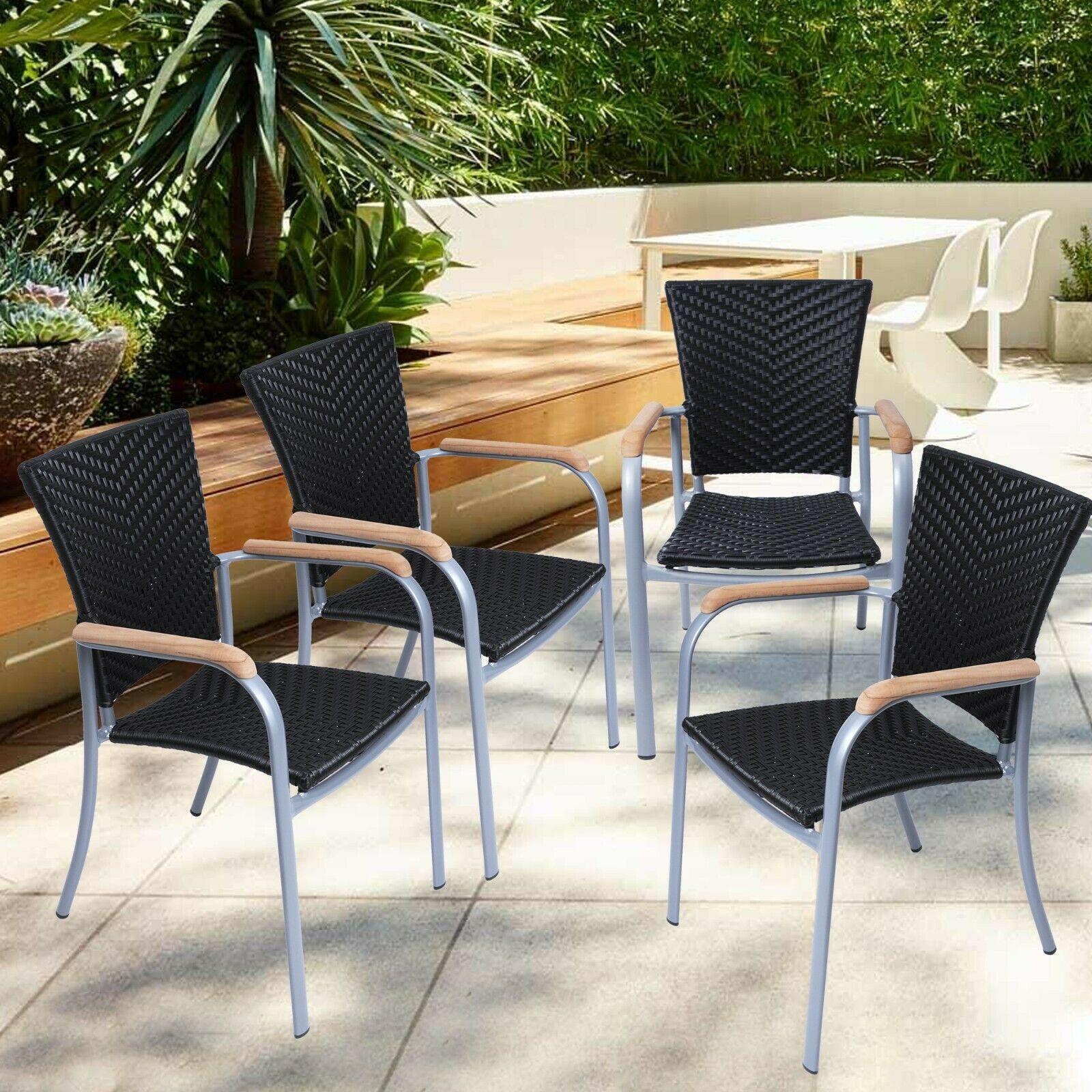 Lawn Dining Chair Set of 4 PE Wicker Patio Chairs Outdoor Furniture Lightweight Sturdy Stackable Chair with Aluminum Frame - Bosonshop