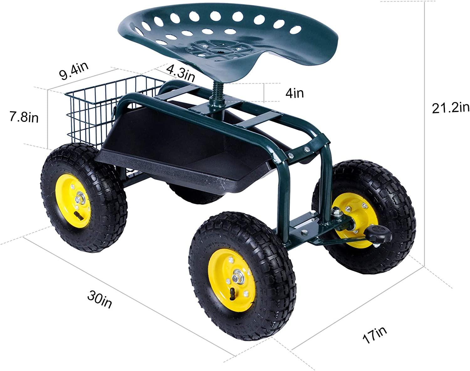 Garden Cart Wagon Scooter Rolling Yard Work Seat with Tool Tray and 360 Swivel Seat - Bosonshop