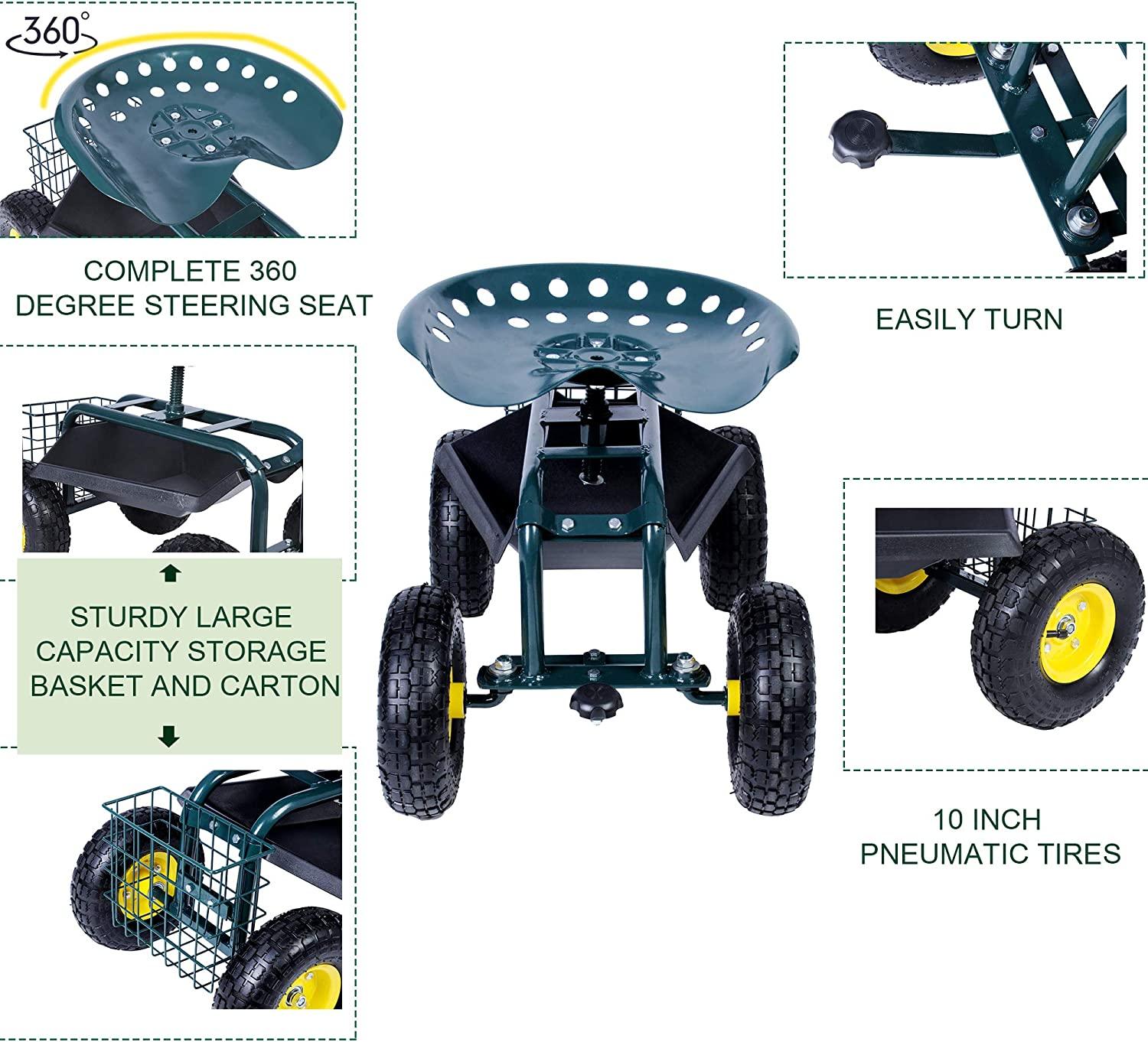 Garden Cart Wagon Scooter Rolling Yard Work Seat with Tool Tray and 360 Swivel Seat - Bosonshop