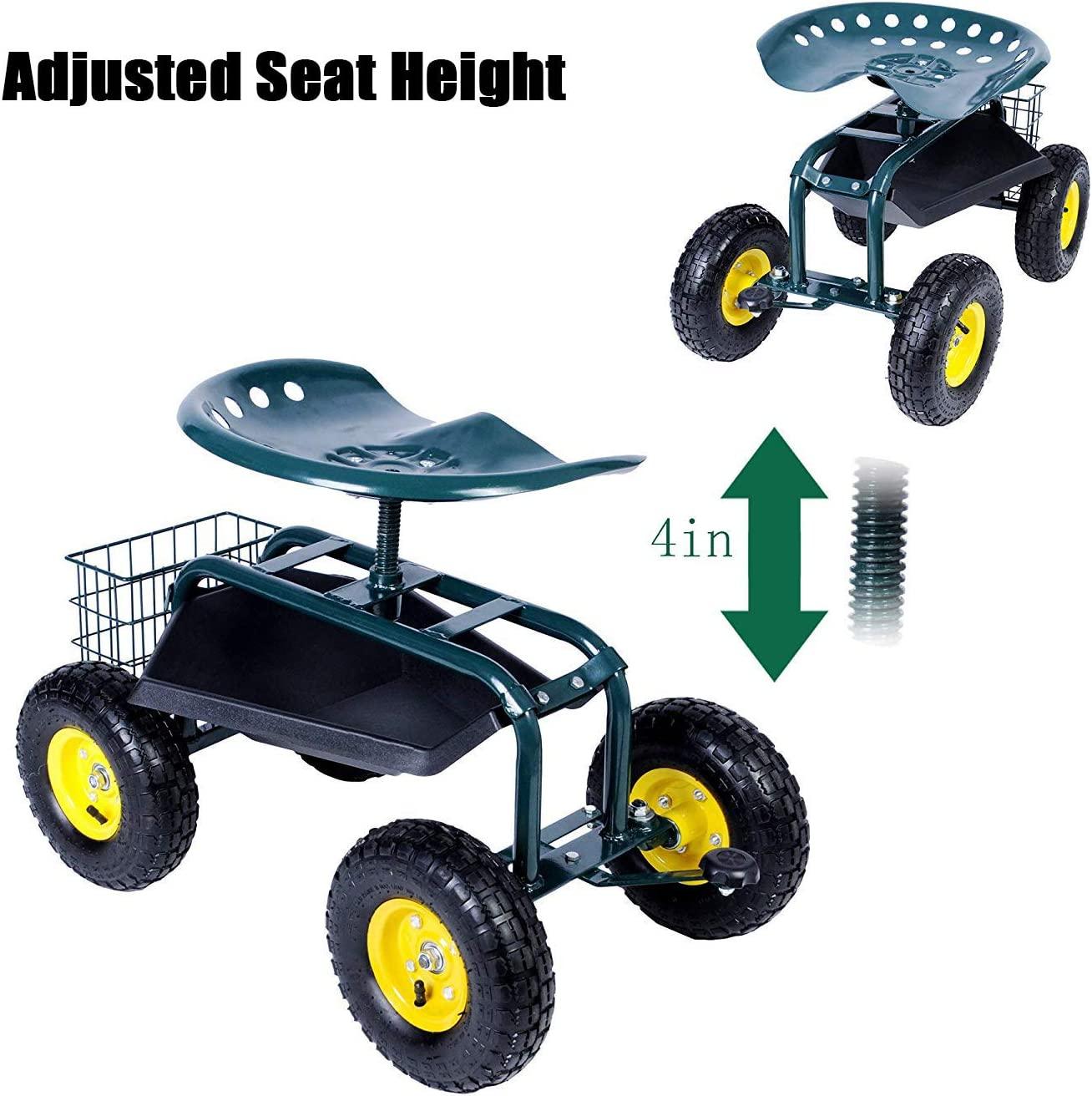 Garden Cart Wagon Scooter Rolling Yard Work Seat with Tool Tray and 360 Swivel Seat - Bosonshop