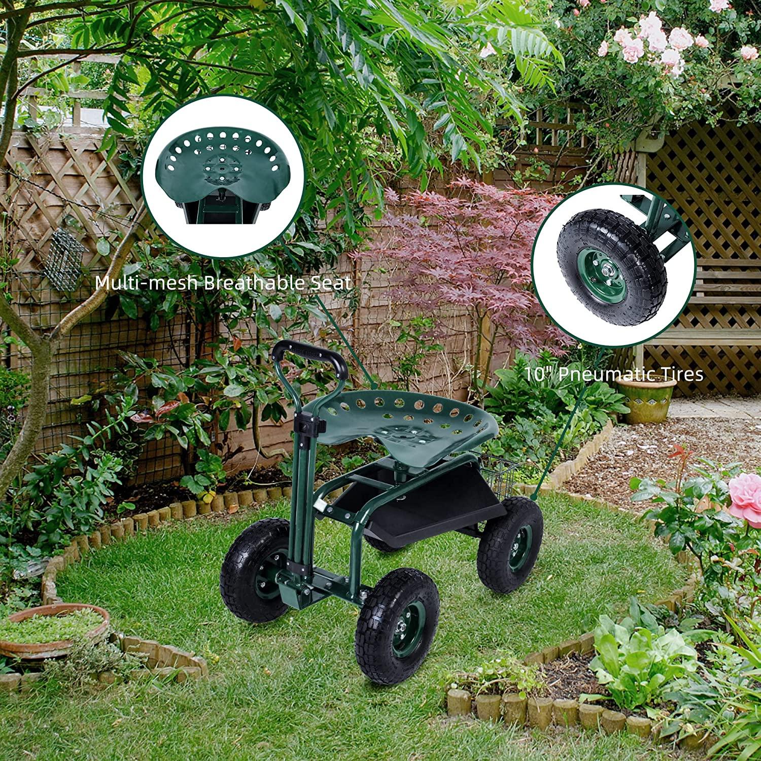 Rolling Garden Cart Wagon Scooter Lawn Yard Patio Work Seat with Tool Tray & 360 Swivel Work Seat - Bosonshop