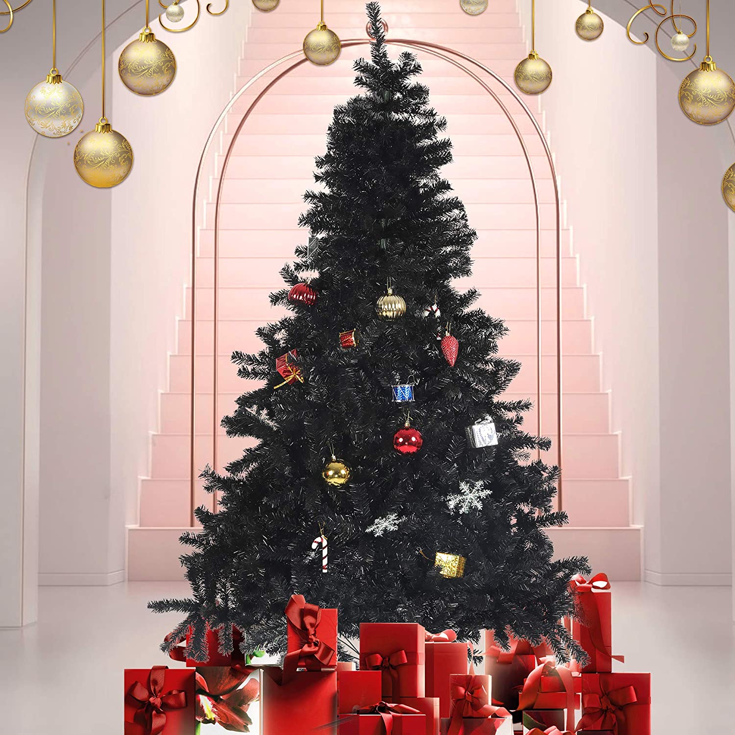 7.8' Premium Artificial Christmas Tree with Solid Metal Stand, Festive Indoor and Outdoor Decoration, Black - Bosonshop