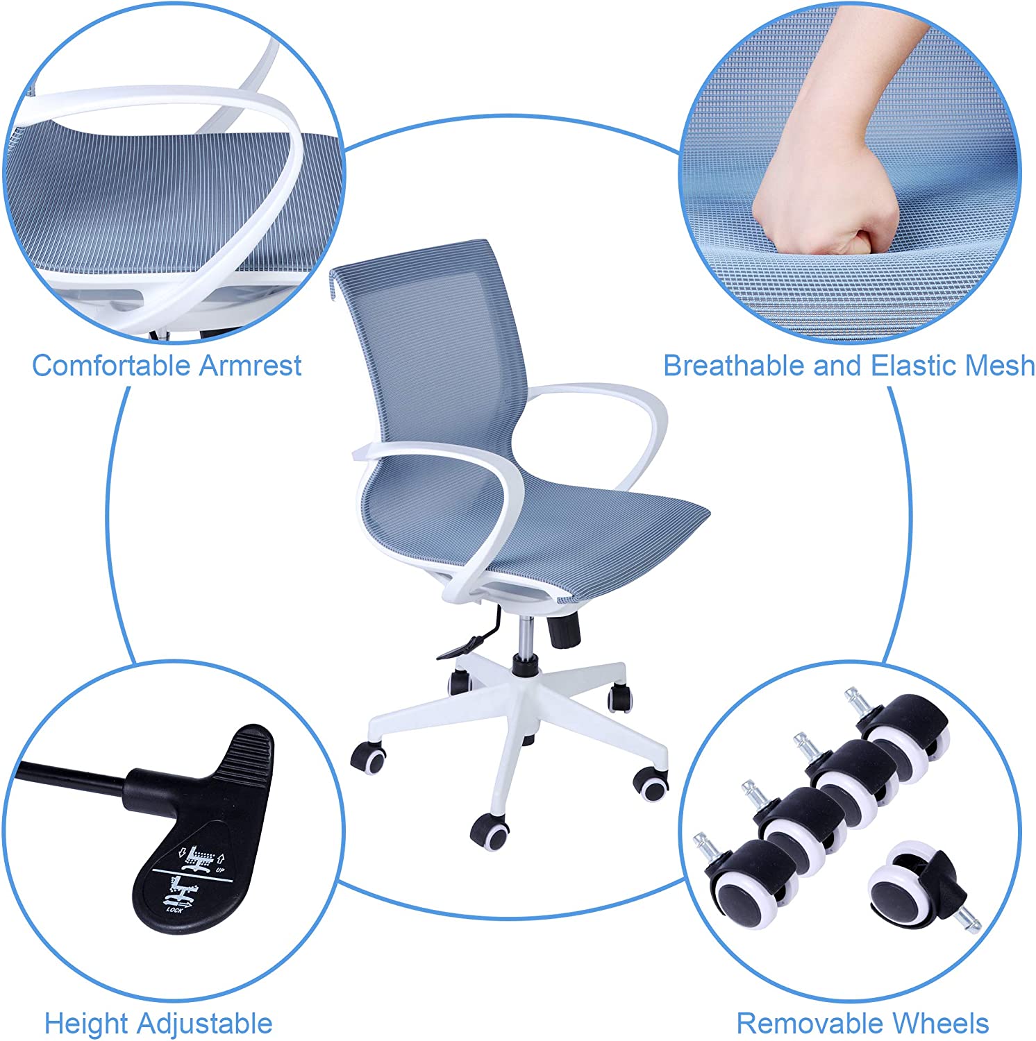 Adjustable Mesh Office Computer Chair with Ergonomic Mid Back Design Swivel Desk Task Chair with Armrest for Working Meeting (Blue) - Bosonshop