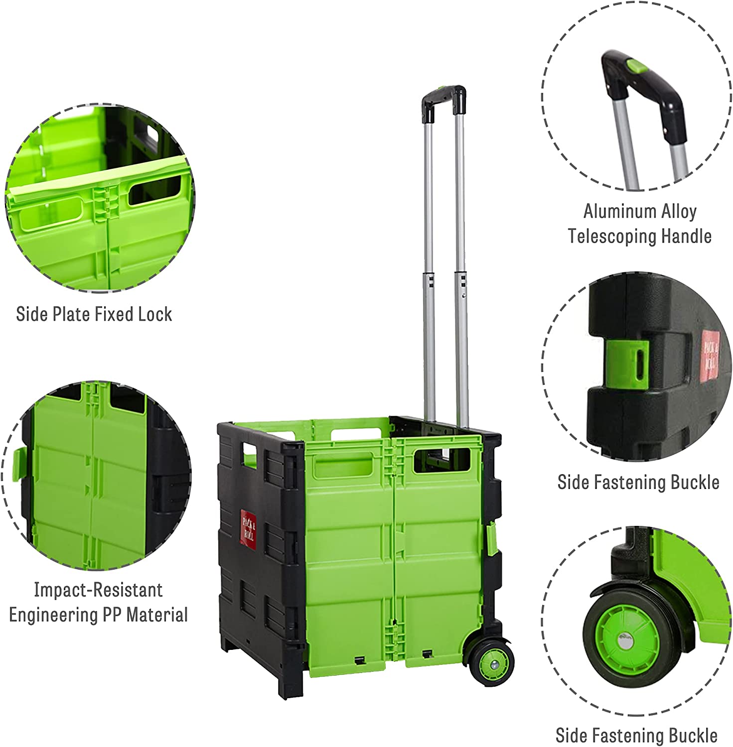 Folding Portable Rolling Utility Shopping Cart Crate with Telescopic Handle (Green, Large) - Bosonshop