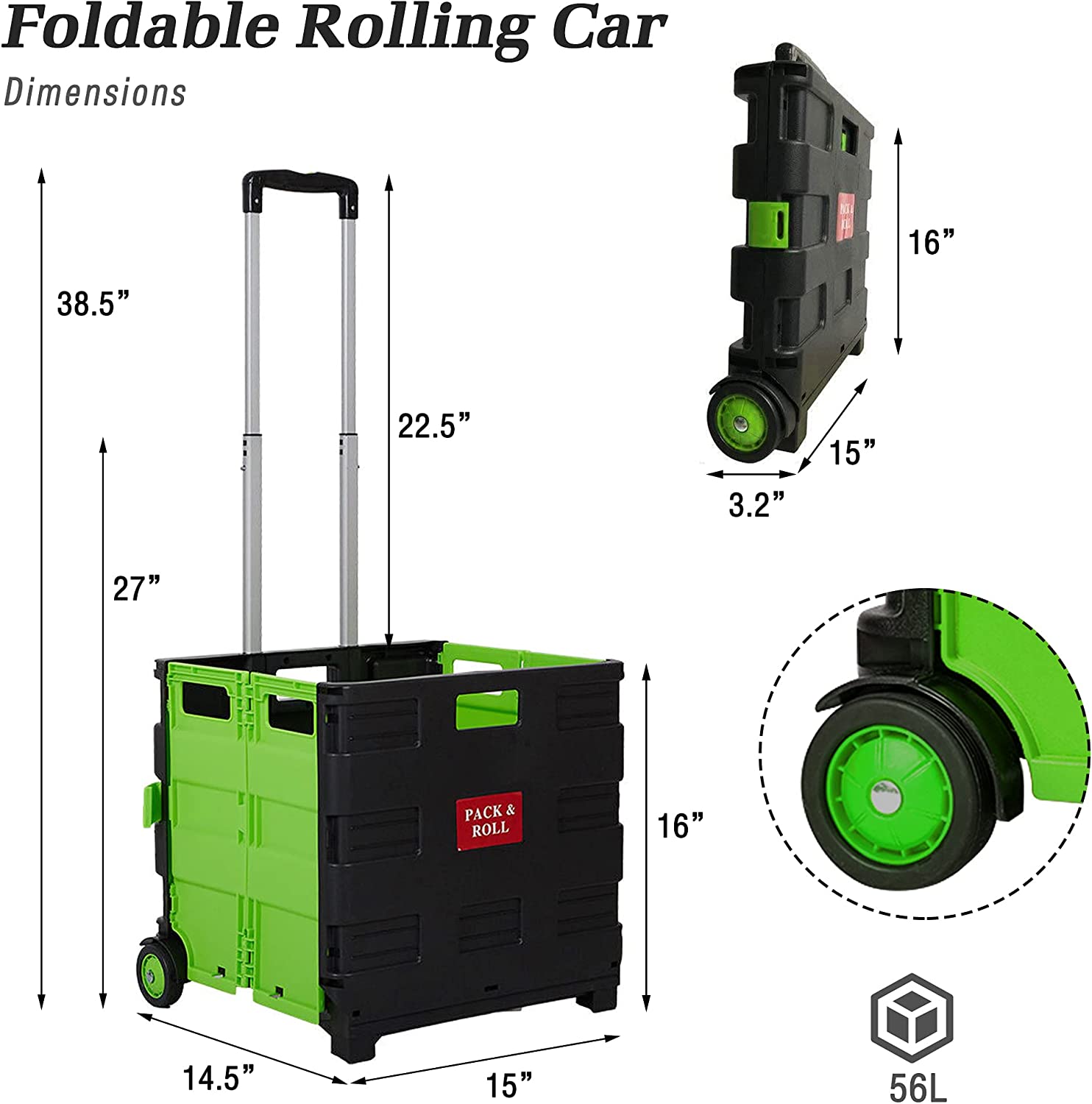 Folding Portable Rolling Utility Shopping Cart Crate with Telescopic Handle (Green, Large) - Bosonshop