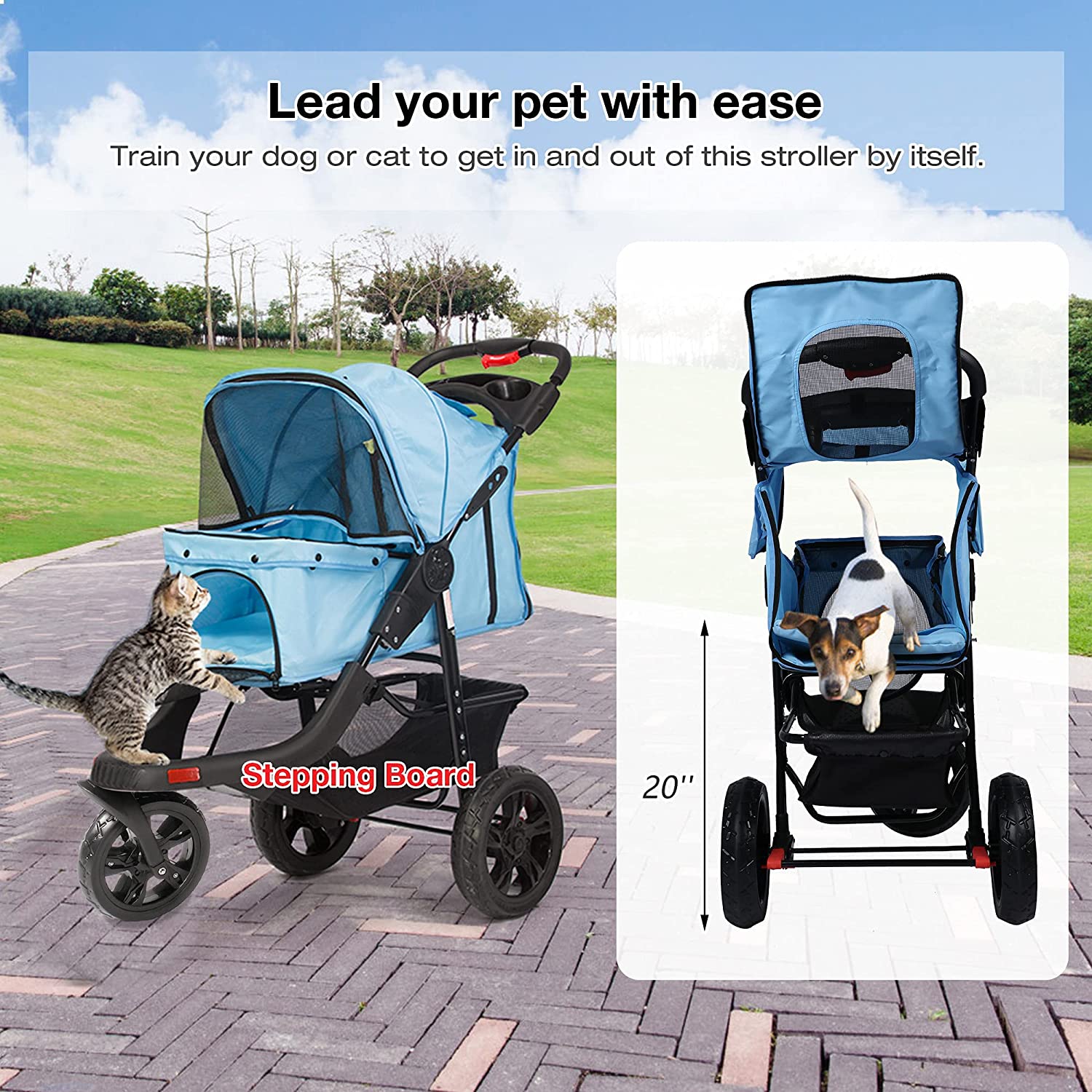 3-Wheels pet Stroller, Foldable Jogger Pet Stroller with Storage Basket - Bosonshop