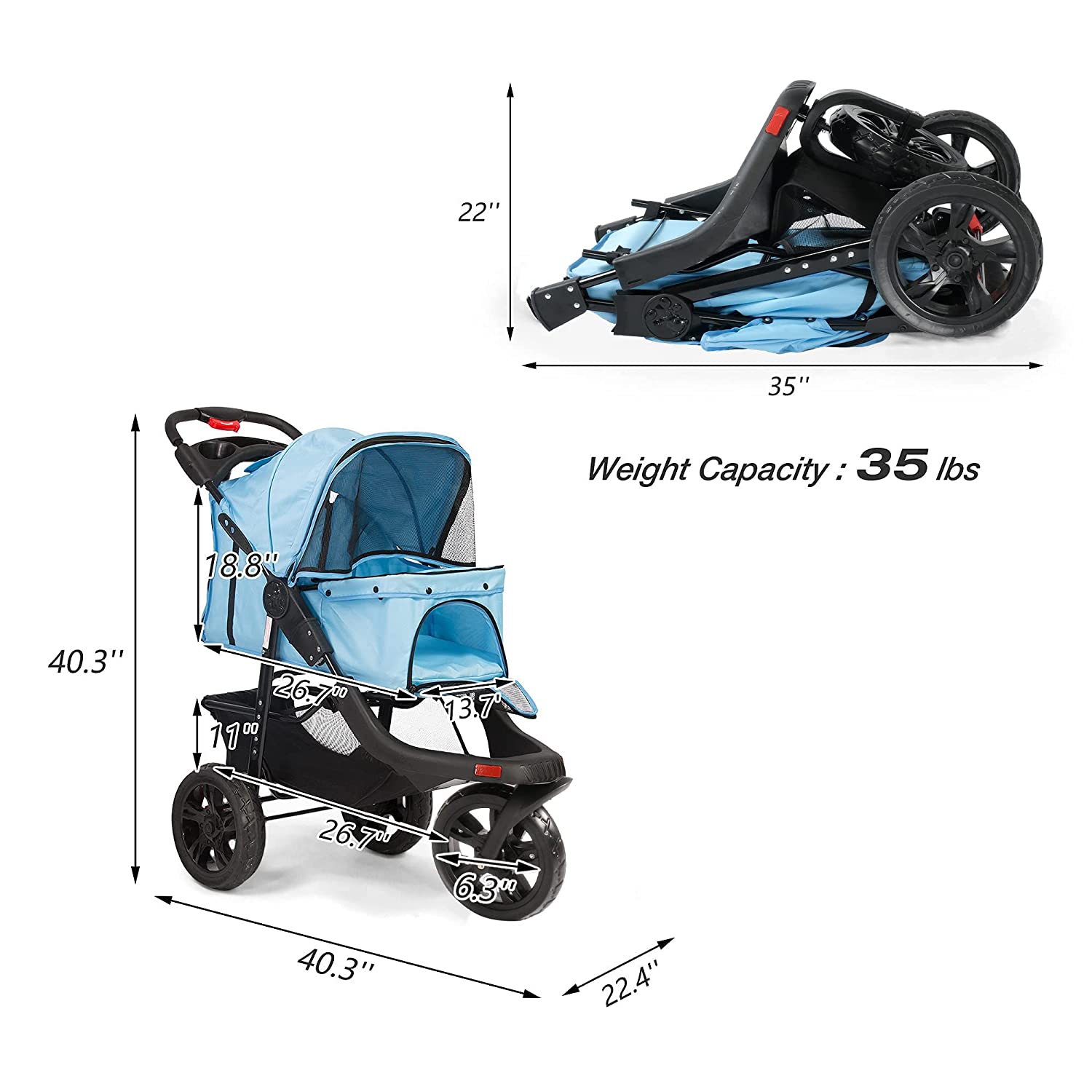 3-Wheels pet Stroller, Foldable Jogger Pet Stroller with Storage Basket - Bosonshop