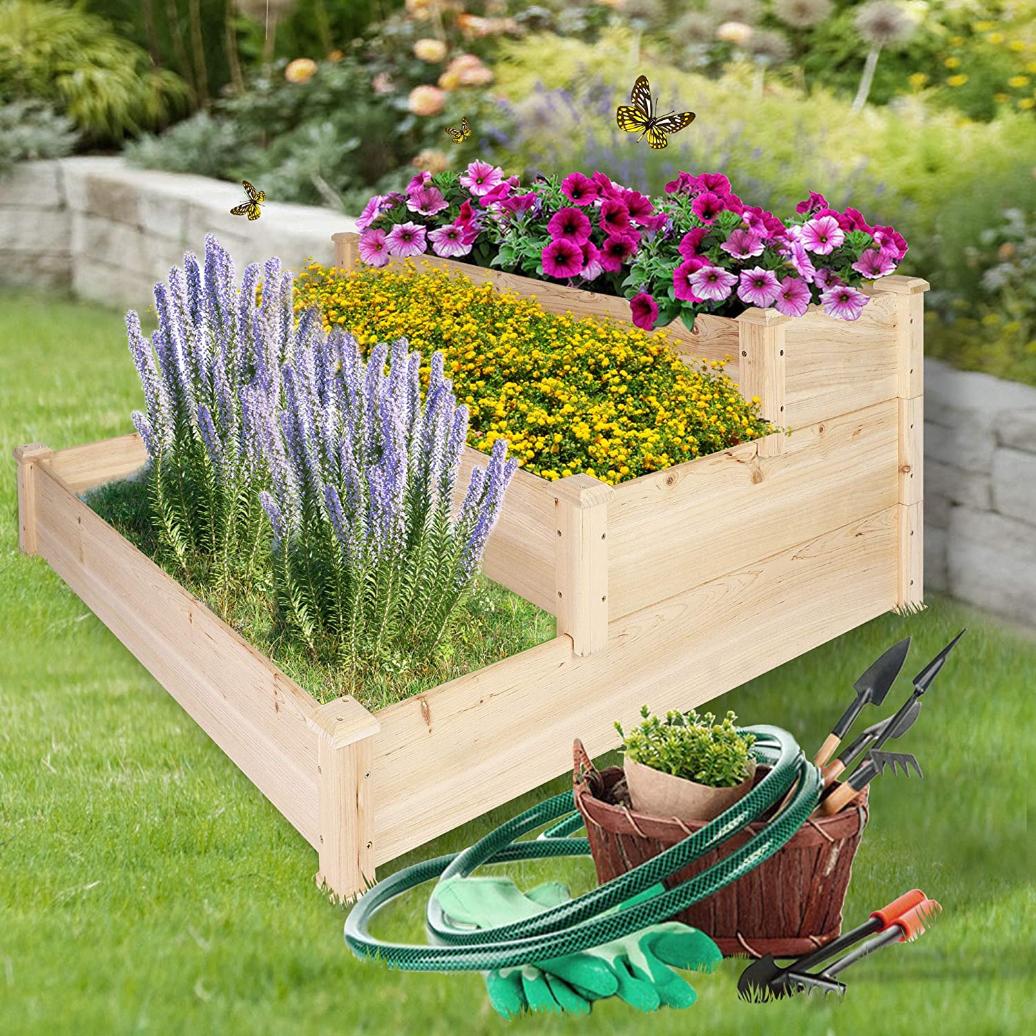 Wooden Raised Vegetable Garden Bed 3 Tier Elevated Planter Kit Outdoor Gardening - Bosonshop