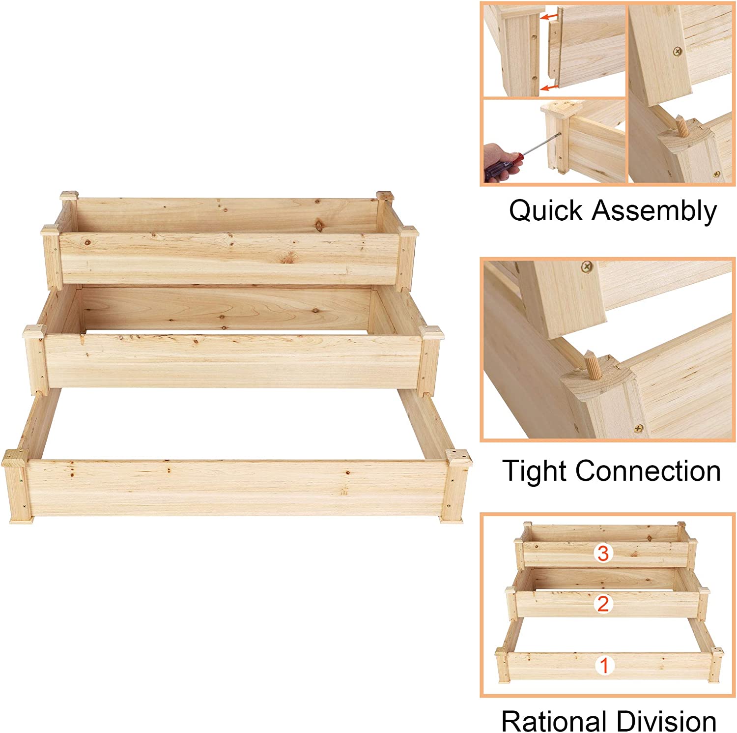 Wooden Raised Vegetable Garden Bed 3 Tier Elevated Planter Kit Outdoor Gardening - Bosonshop