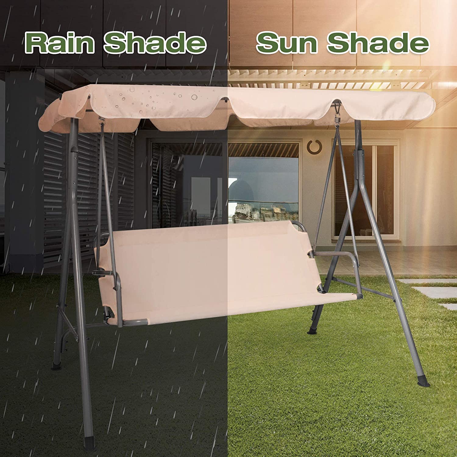 3-Seat Outdoor Patio Swing Chair Adjustable Canopy & Anti-Slip Padded Feets, Beige - Bosonshop